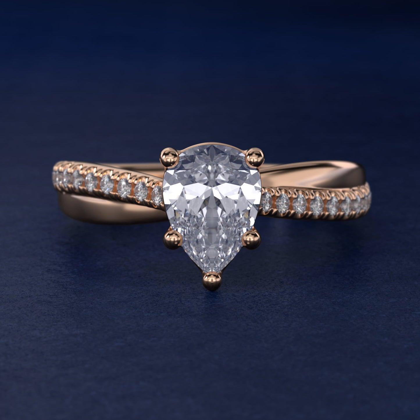 Asymmetrical PavŽ Diamond Engagement Ring in 14k Rose Gold - Pear Center