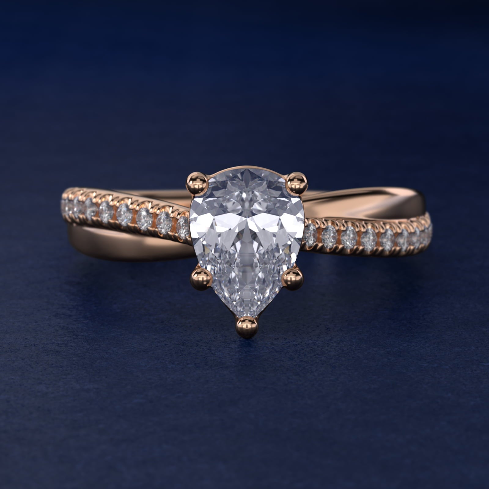 Asymmetrical Pav? Diamond Engagement Ring in 18k Rose Gold - Pear Center