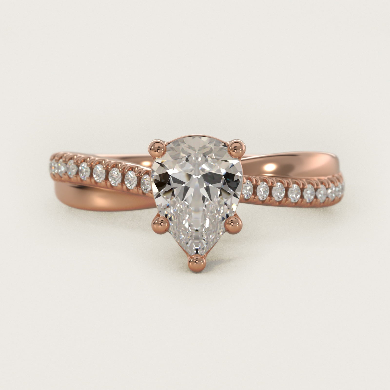 Asymmetrical PavŽ Diamond Engagement Ring in 14k Rose Gold - Pear Center