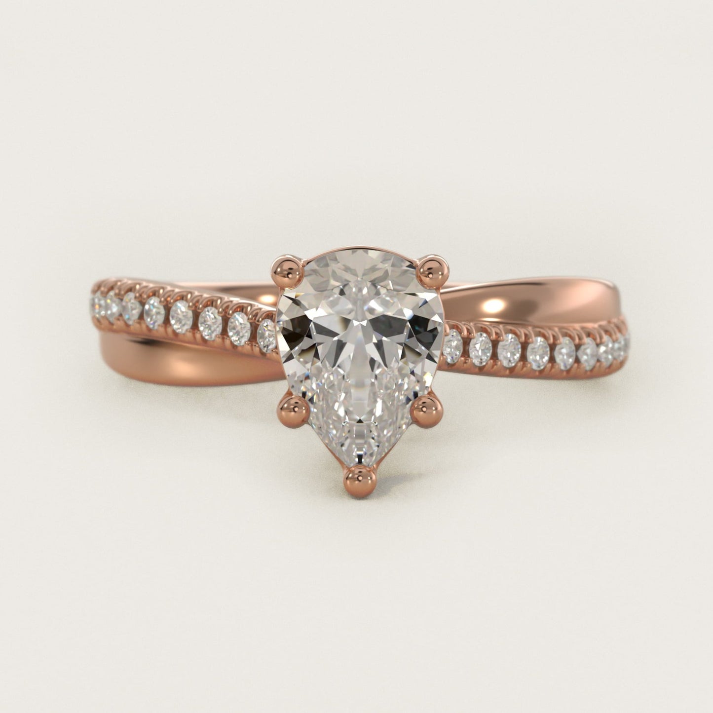 Asymmetrical Pav? Diamond Engagement Ring in 18k Rose Gold - Pear Center