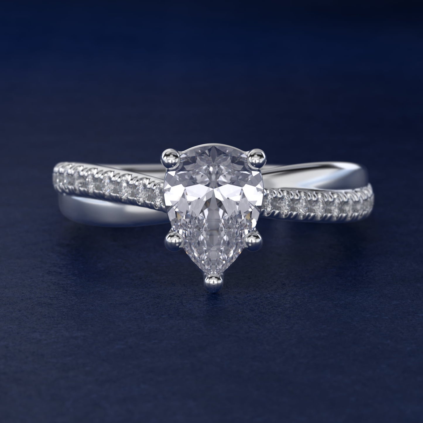 Asymmetrical PavŽ Diamond Engagement Ring in 14k White Gold - Pear Center