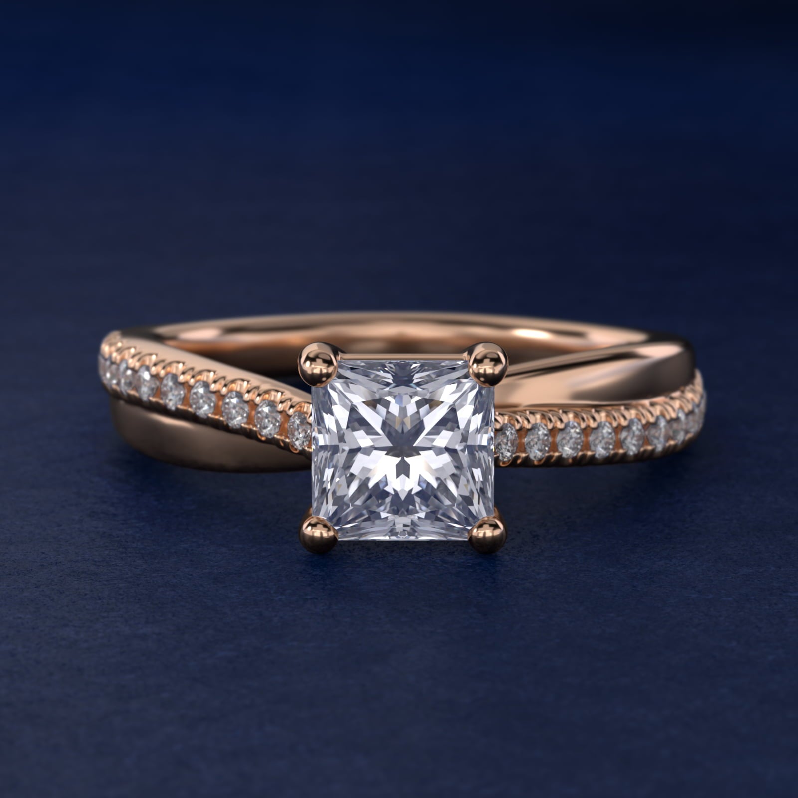 Asymmetrical PavŽ Diamond Engagement Ring in 14k Rose Gold - Princess Center
