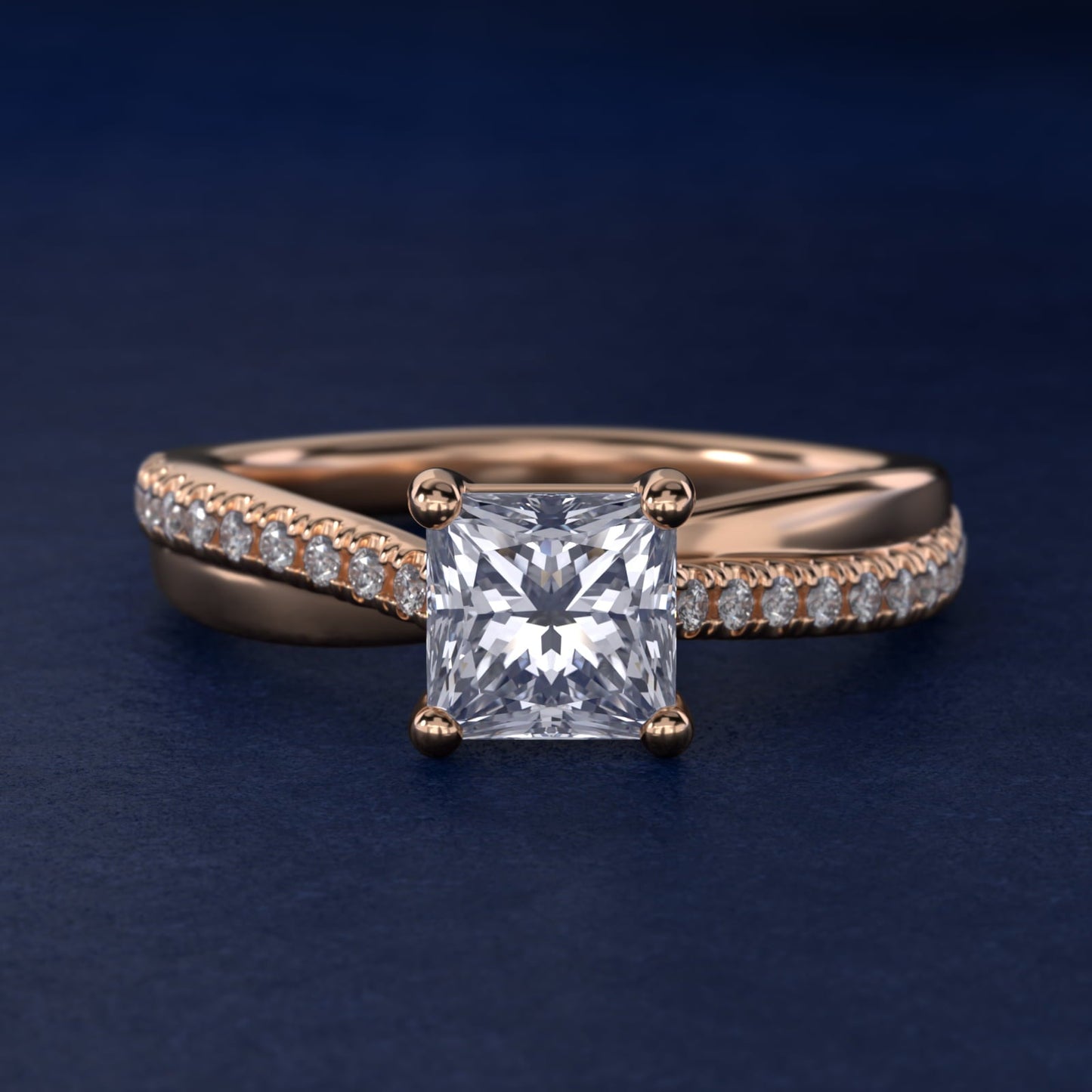 Asymmetrical Pav? Diamond Engagement Ring in 18k Rose Gold - Princess Center