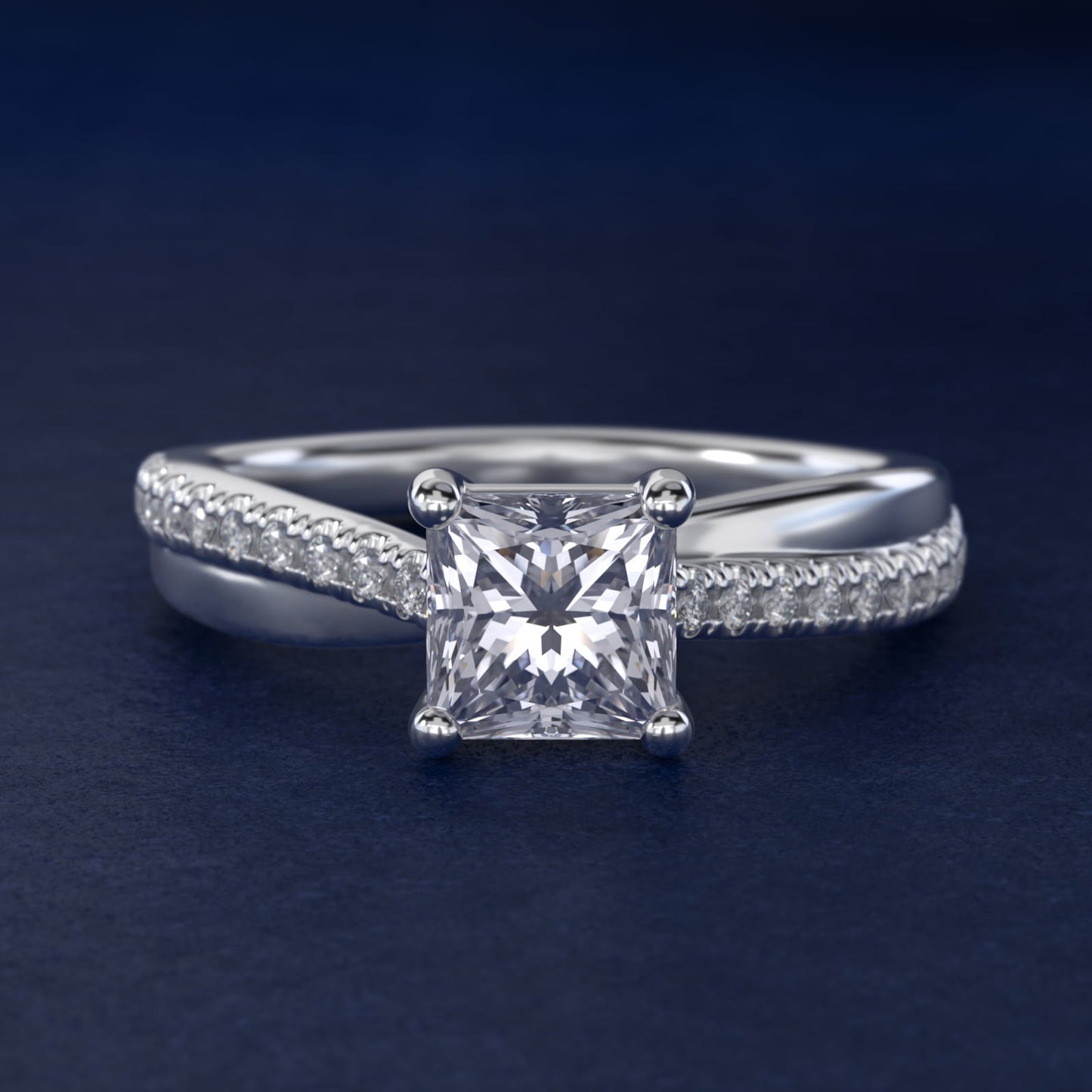 Asymmetrical PavŽ Diamond Engagement Ring in 14k White Gold - Princess Center
