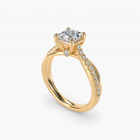 Asymmetrical PavŽ Diamond Engagement Ring in 14k Yellow Gold - Princess Center