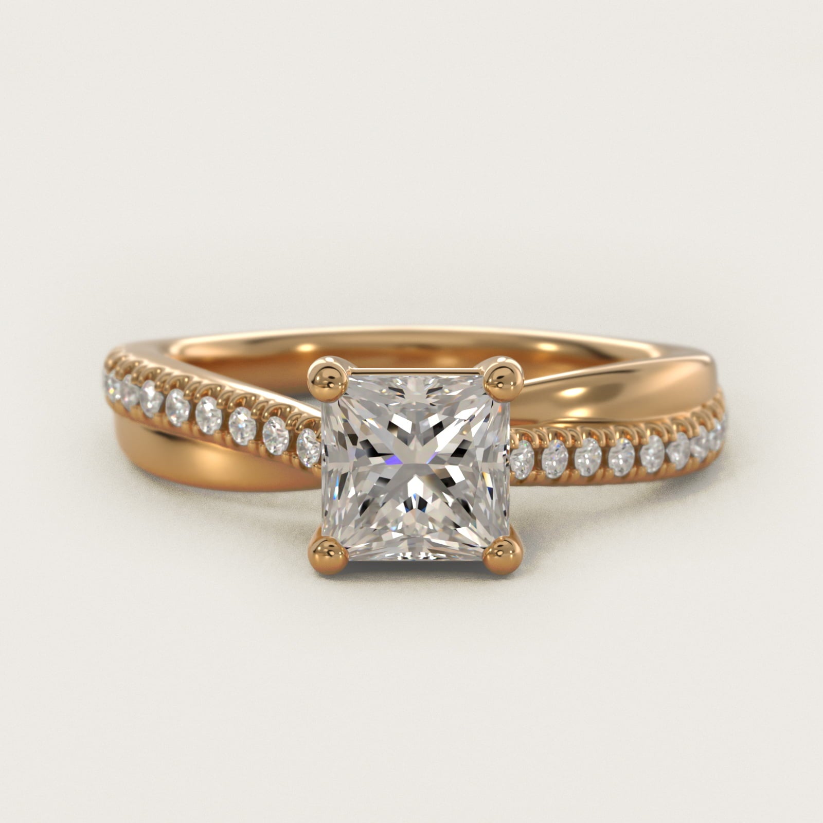 Asymmetrical PavŽ Diamond Engagement Ring in 14k Yellow Gold - Princess Center