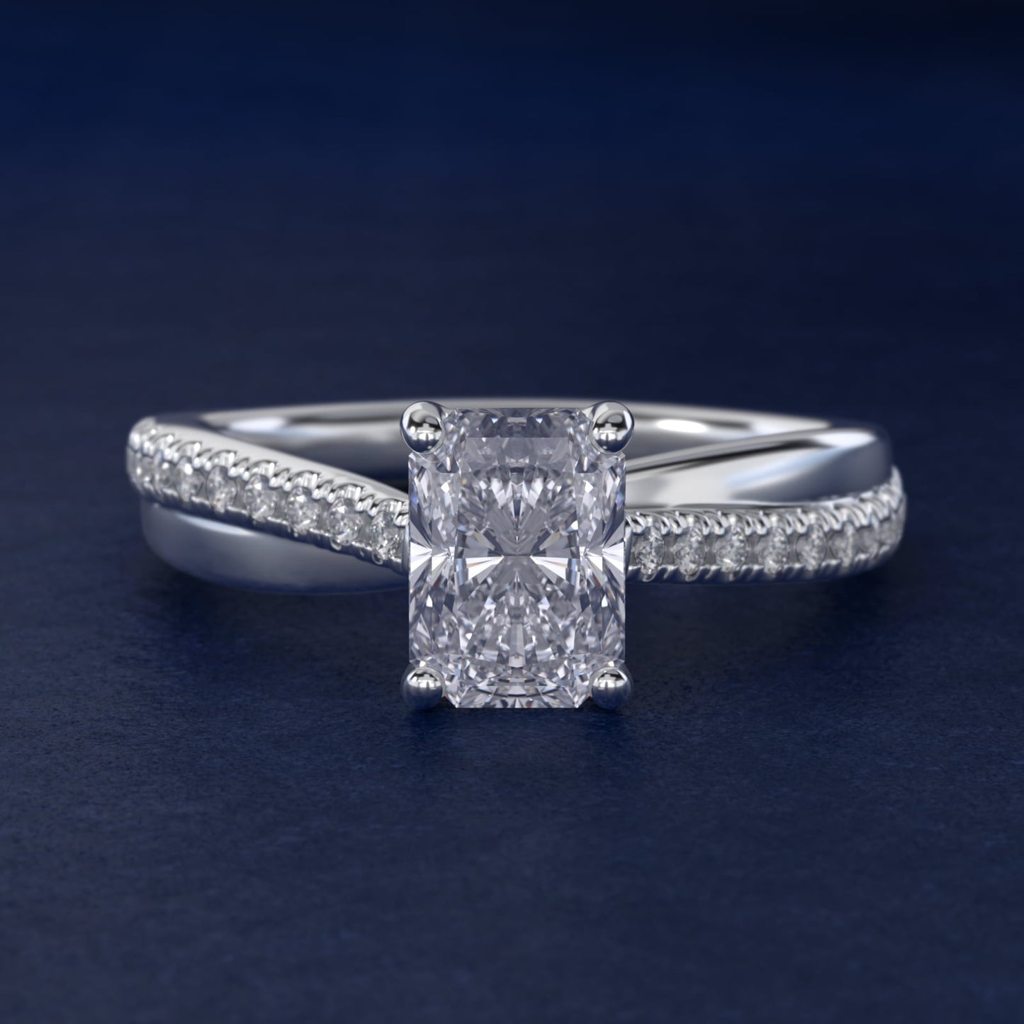 Asymmetrical PavŽ Diamond Engagement Ring in 14k White Gold - Radiant Center