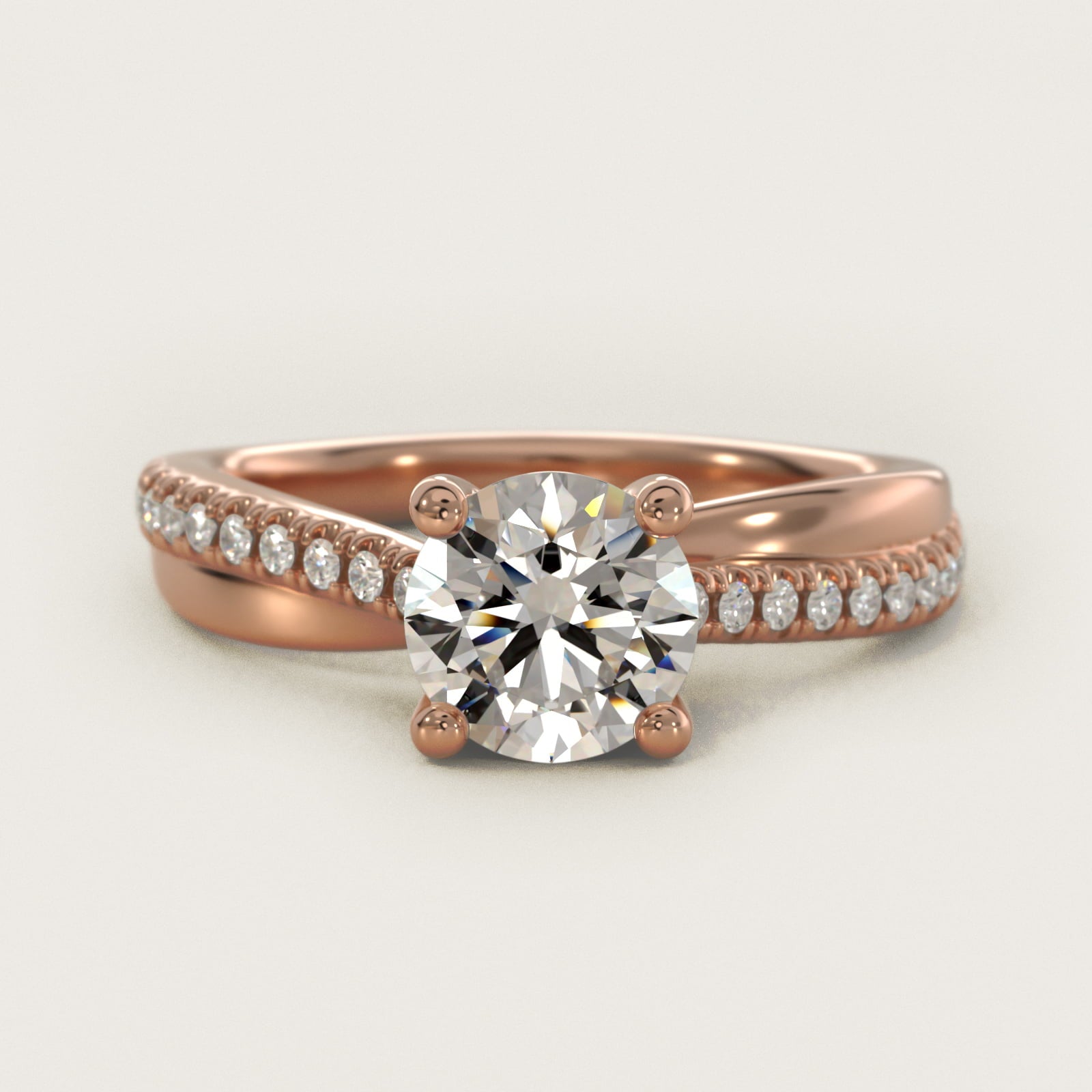 Asymmetrical PavŽ Diamond Engagement Ring in 14k Rose Gold - Round Center