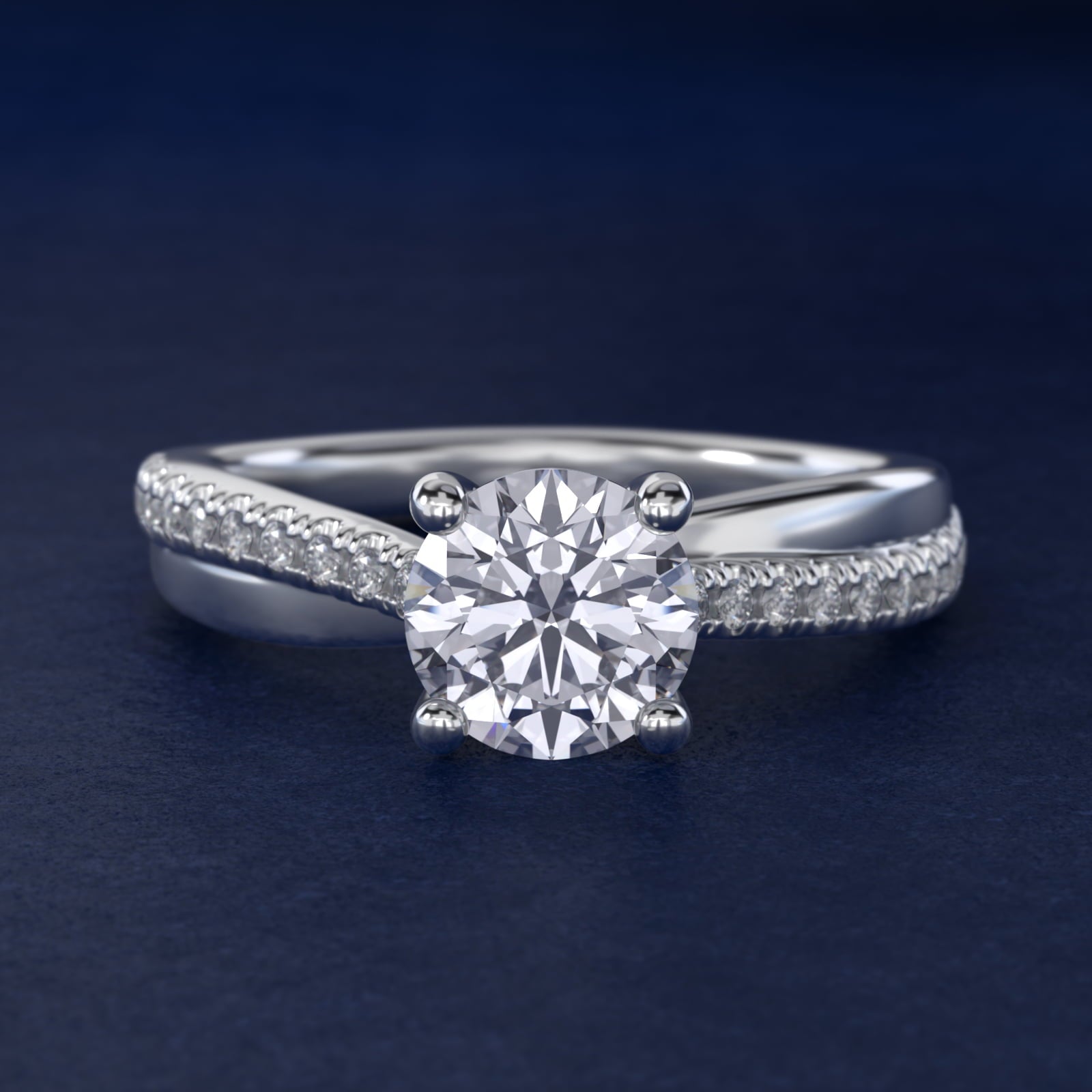 Asymmetrical PavŽ Diamond Engagement Ring in 14k White Gold - Round Center
