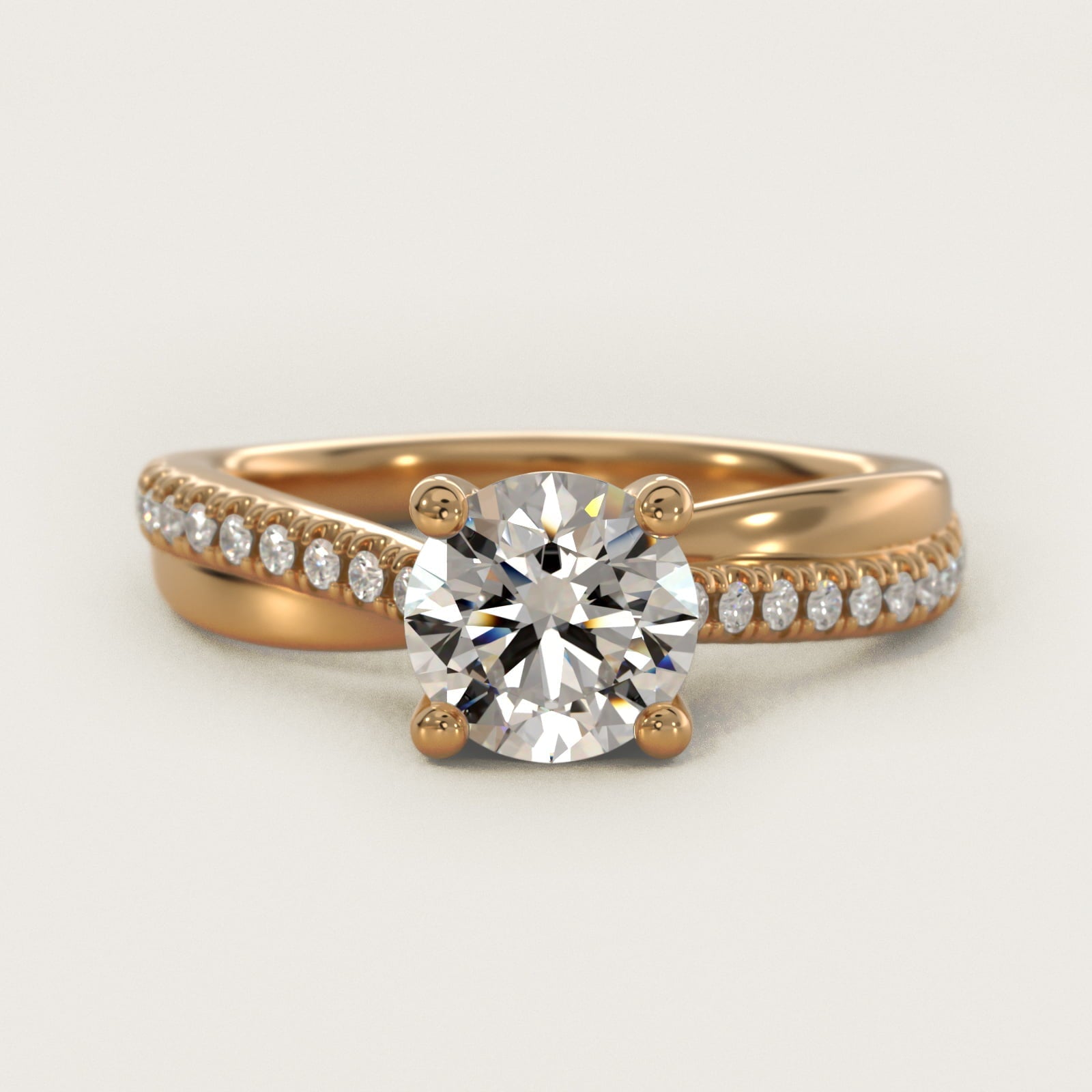 Asymmetrical Pav? Diamond Engagement Ring in 18k Yellow Gold - Round Center