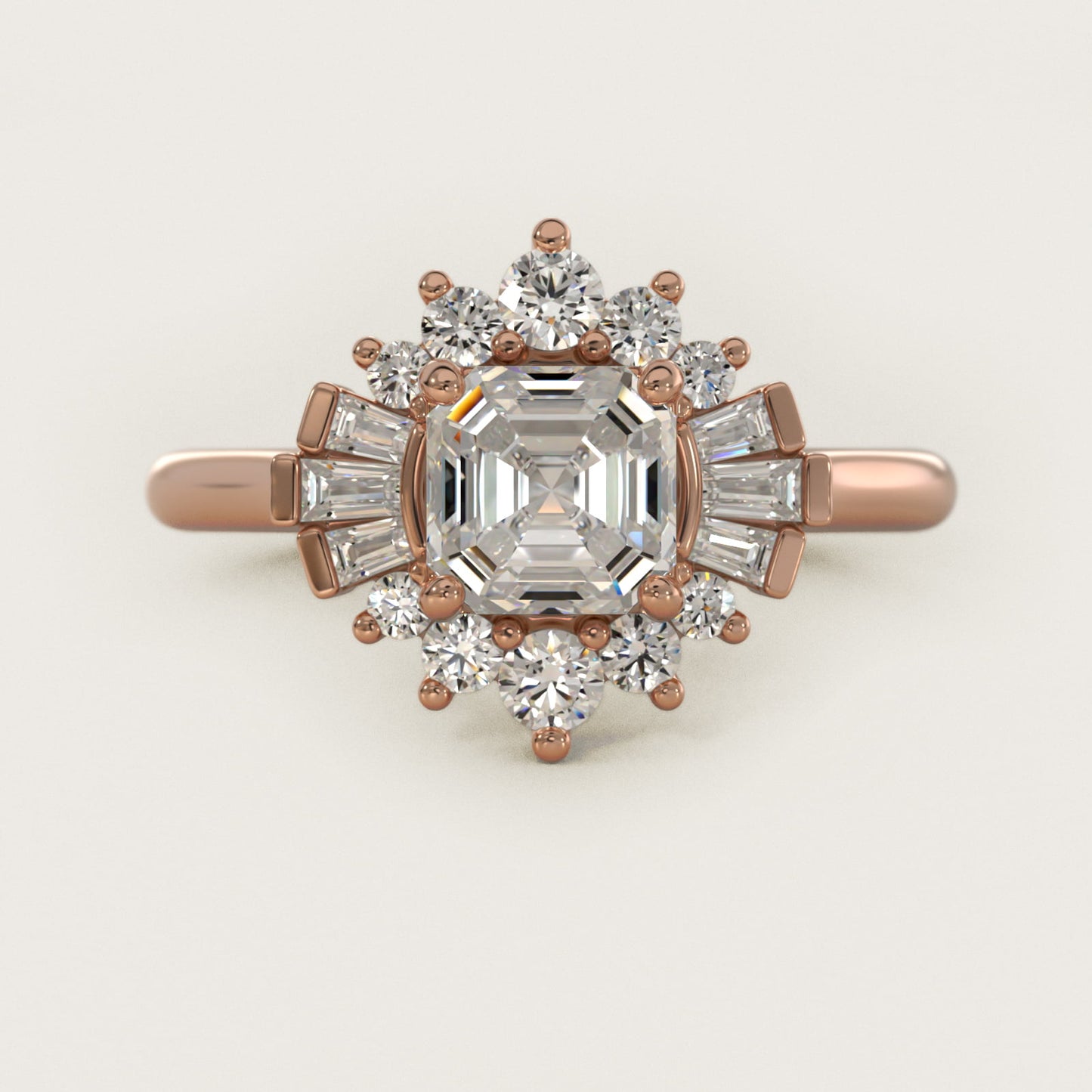 Baguette and Round Ballerina Halo Diamond Engagement Ring in 18k Rose Gold - Asscher Center