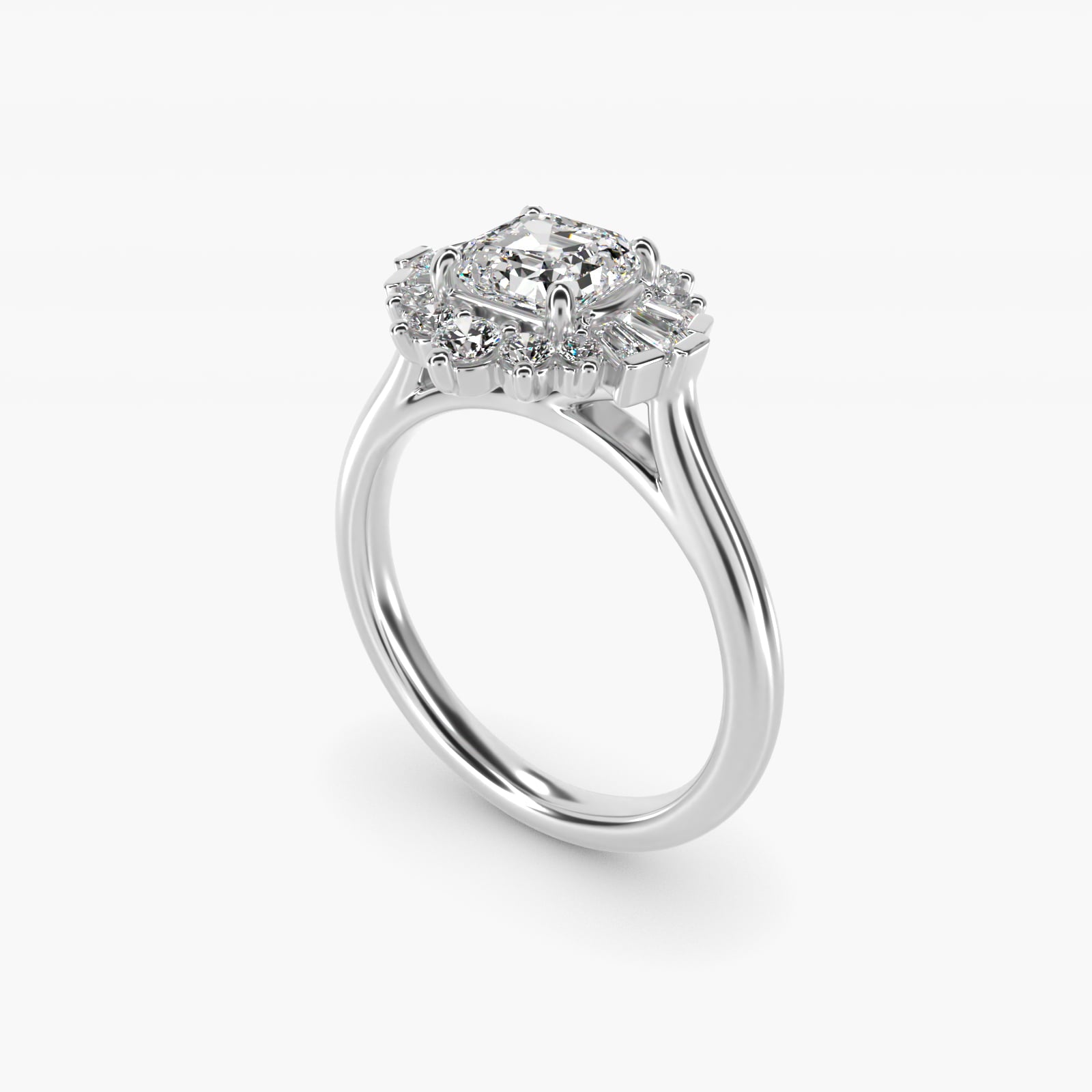 Baguette and Round Ballerina Halo Diamond Engagement Ring in 14k White Gold (1ct. tw.) - Asscher Center