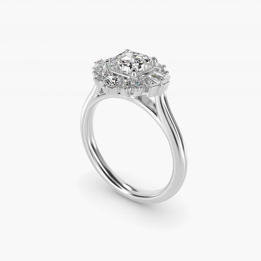 Baguette and Round Ballerina Halo Diamond Engagement Ring in 18k White Gold (1ct. tw.) - Asscher Center