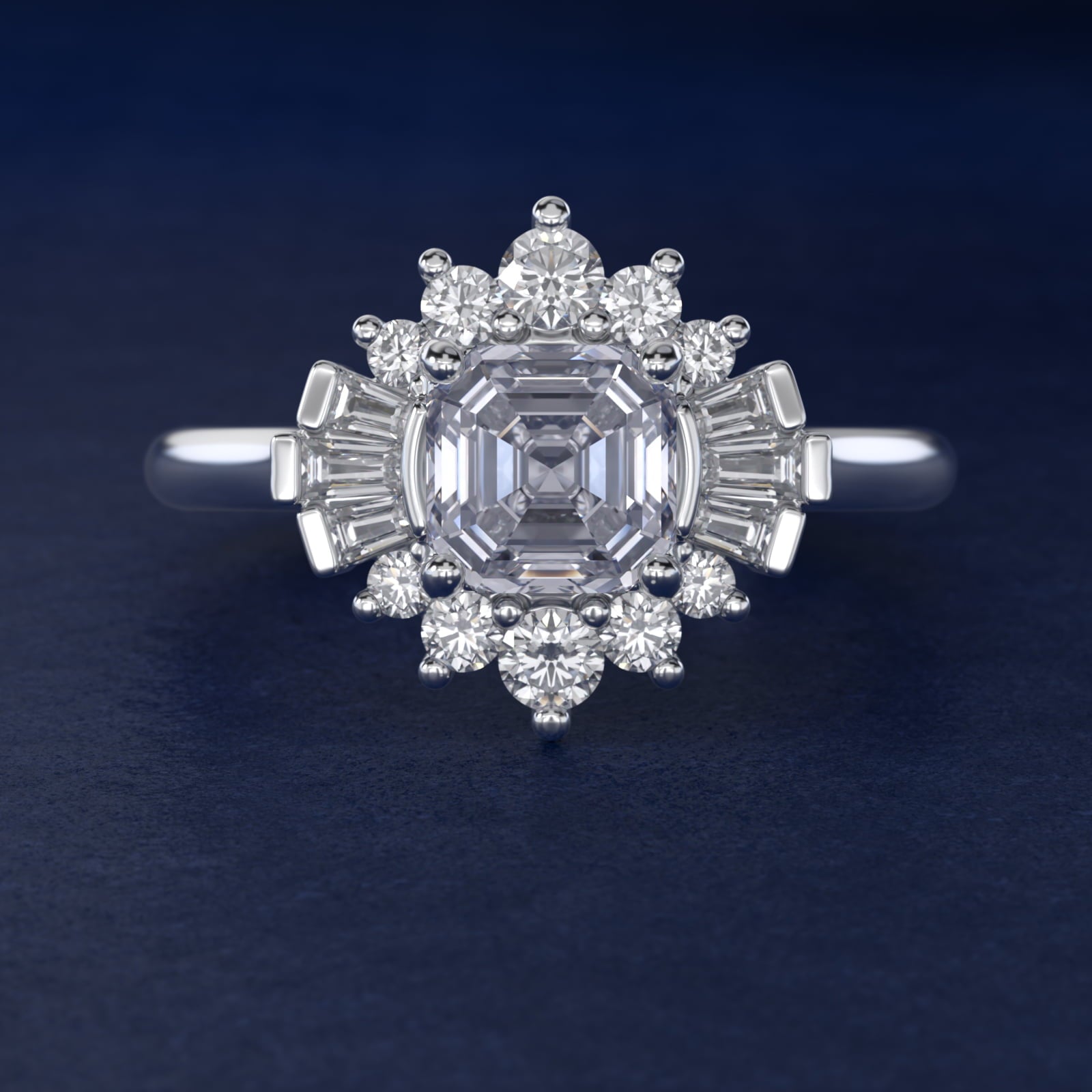 Baguette and Round Ballerina Halo Diamond Engagement Ring in 14k White Gold (1ct. tw.) - Asscher Center
