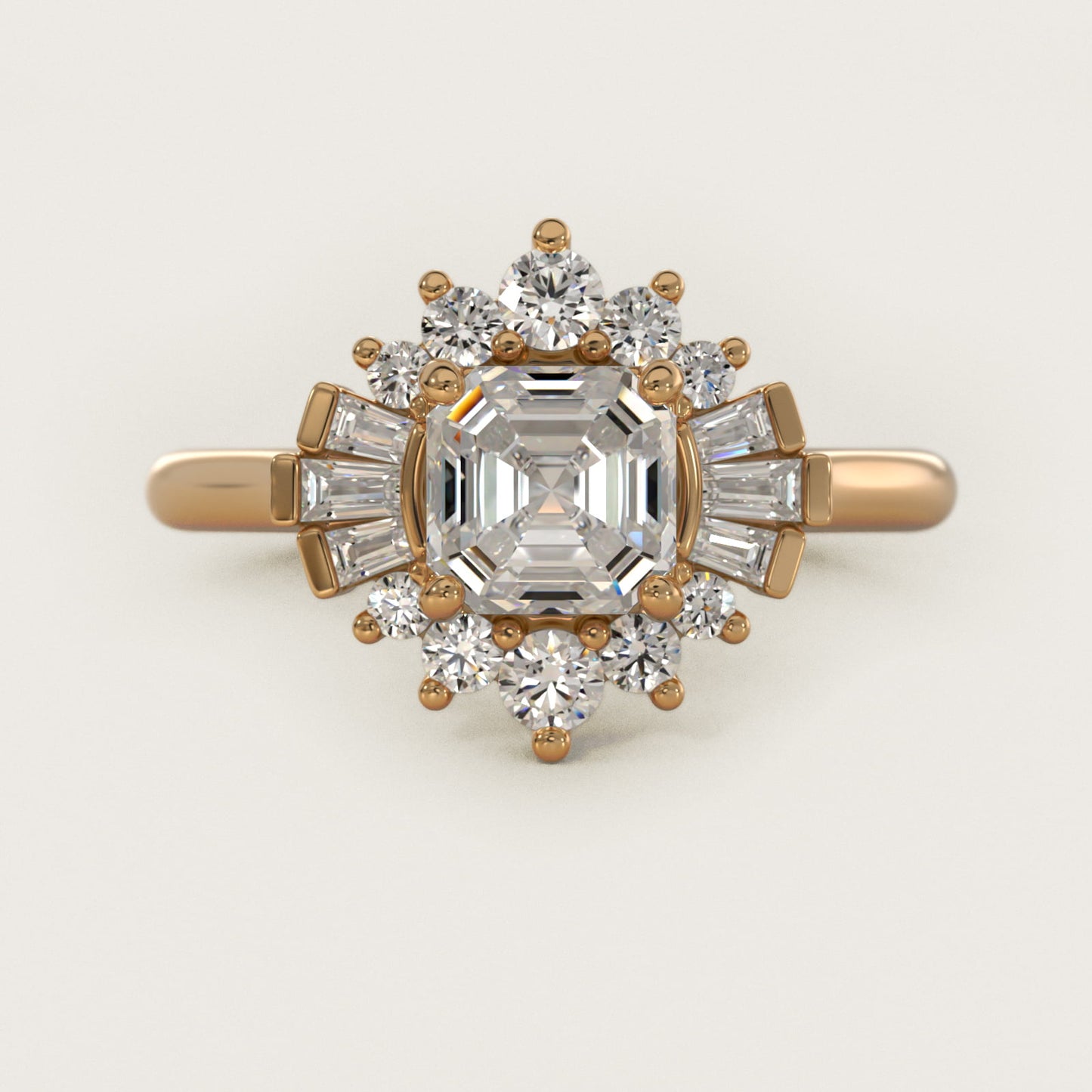 Baguette and Round Ballerina Halo Diamond Engagement Ring in 18k Yellow Gold - Asscher Center