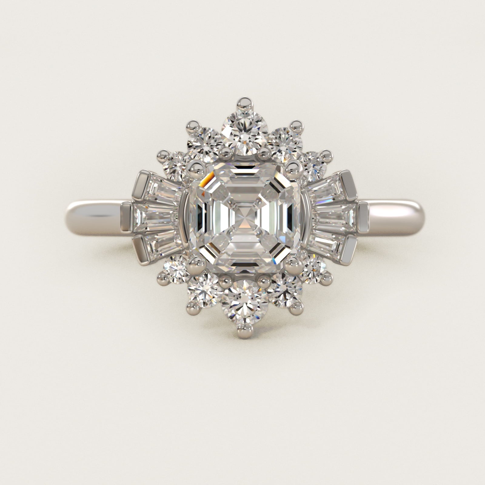 Baguette and Round Ballerina Halo Diamond Engagement Ring in Platinum - Asscher Center