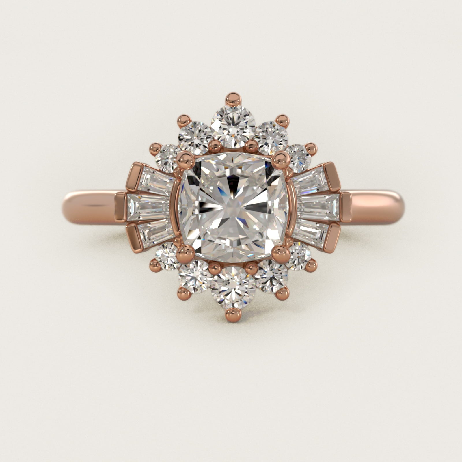 Baguette and Round Ballerina Halo Diamond Engagement Ring in 14k Rose Gold - Cushion Center