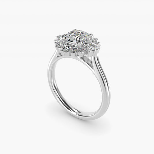 Baguette and Round Ballerina Halo Diamond Engagement Ring in 18k White Gold (1ct. tw.) - Cushion Center