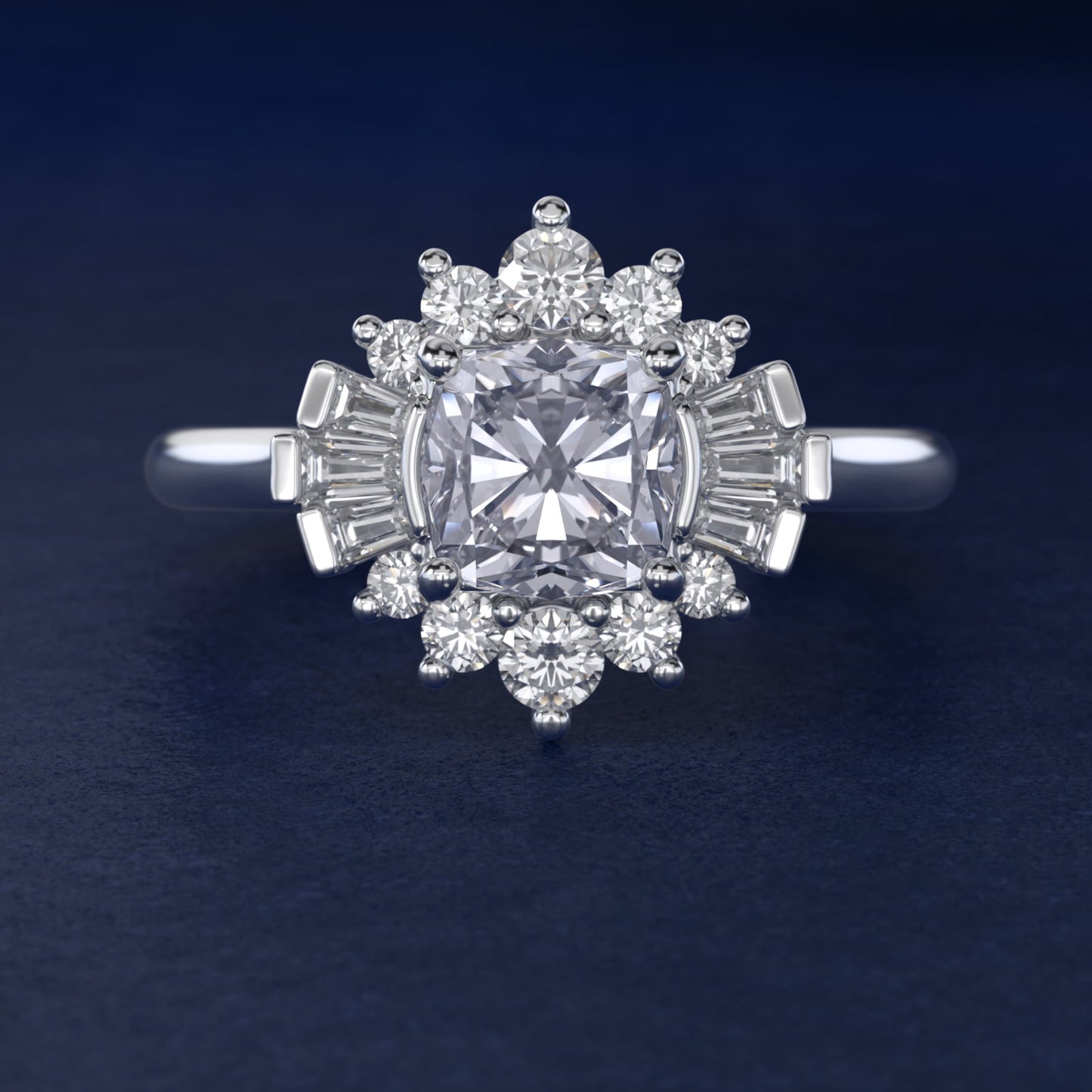 Baguette and Round Ballerina Halo Diamond Engagement Ring in 18k White Gold (1ct. tw.) - Cushion Center
