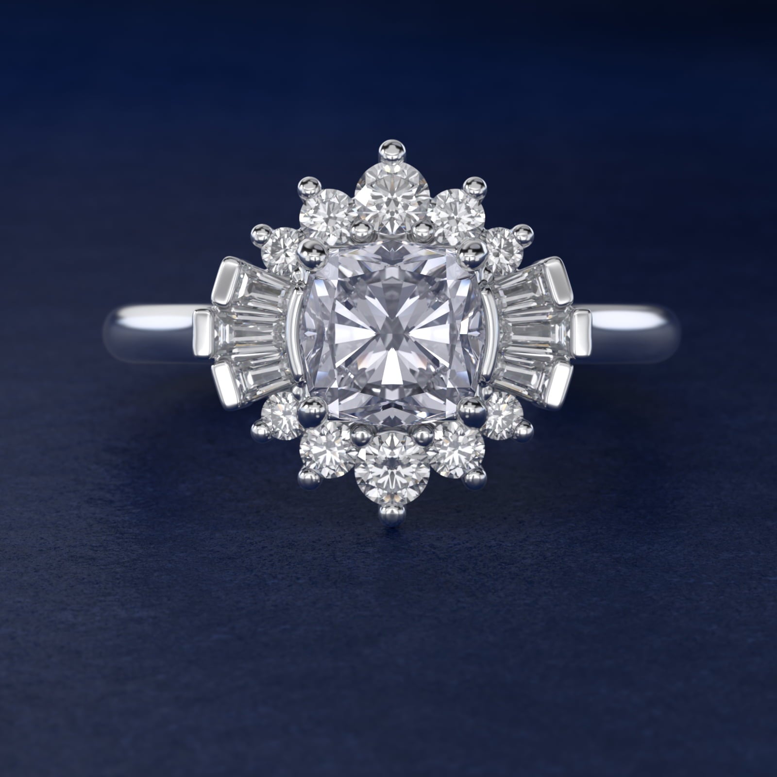 Baguette and Round Ballerina Halo Diamond Engagement Ring in 18k White Gold (1ct. tw.) - Cushion Center