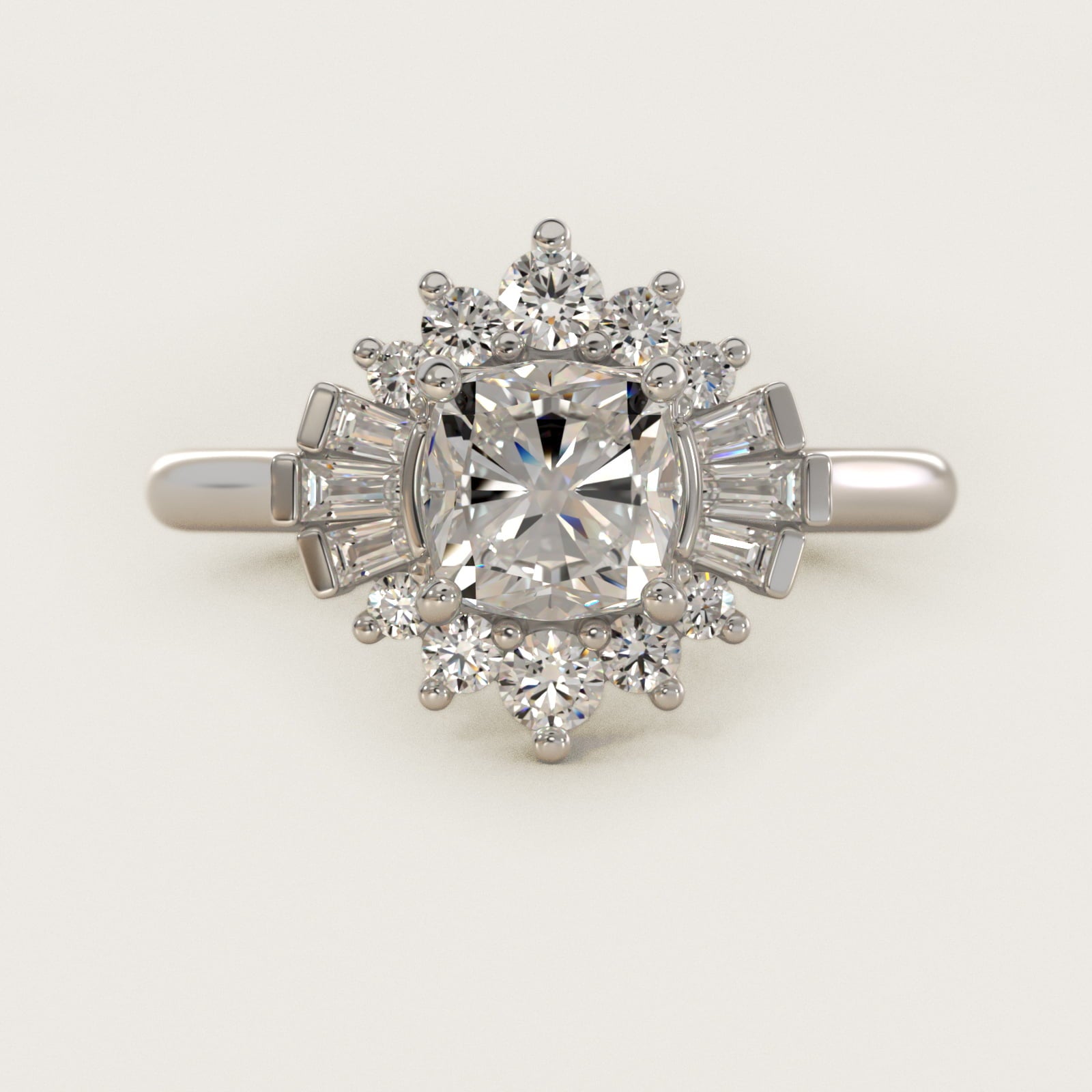 Baguette and Round Ballerina Halo Diamond Engagement Ring in 14k White Gold (1ct. tw.) - Cushion Center