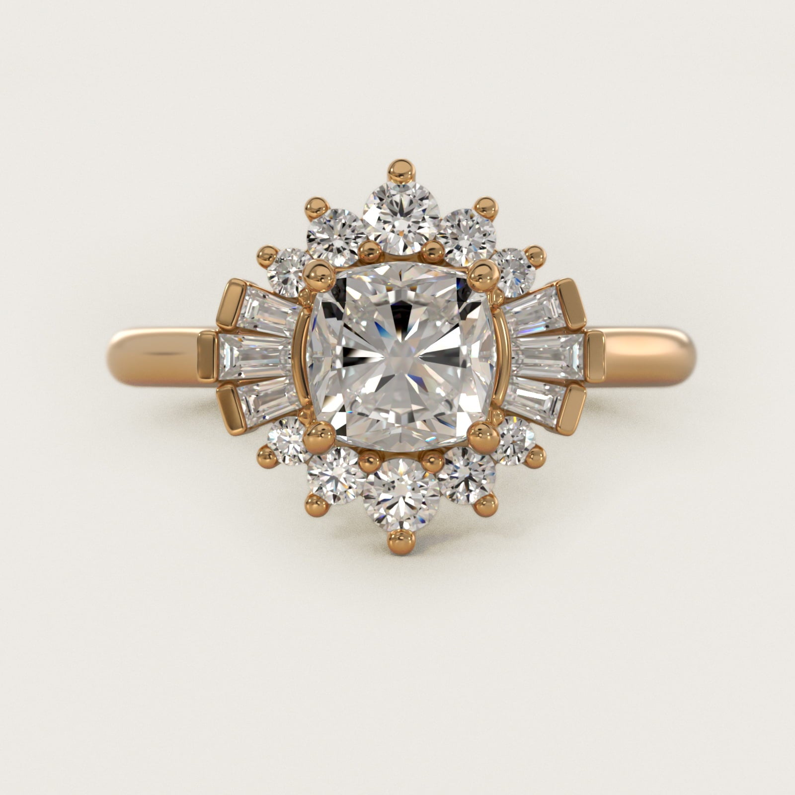 Baguette and Round Ballerina Halo Diamond Engagement Ring in 14k Yellow Gold - Cushion Center
