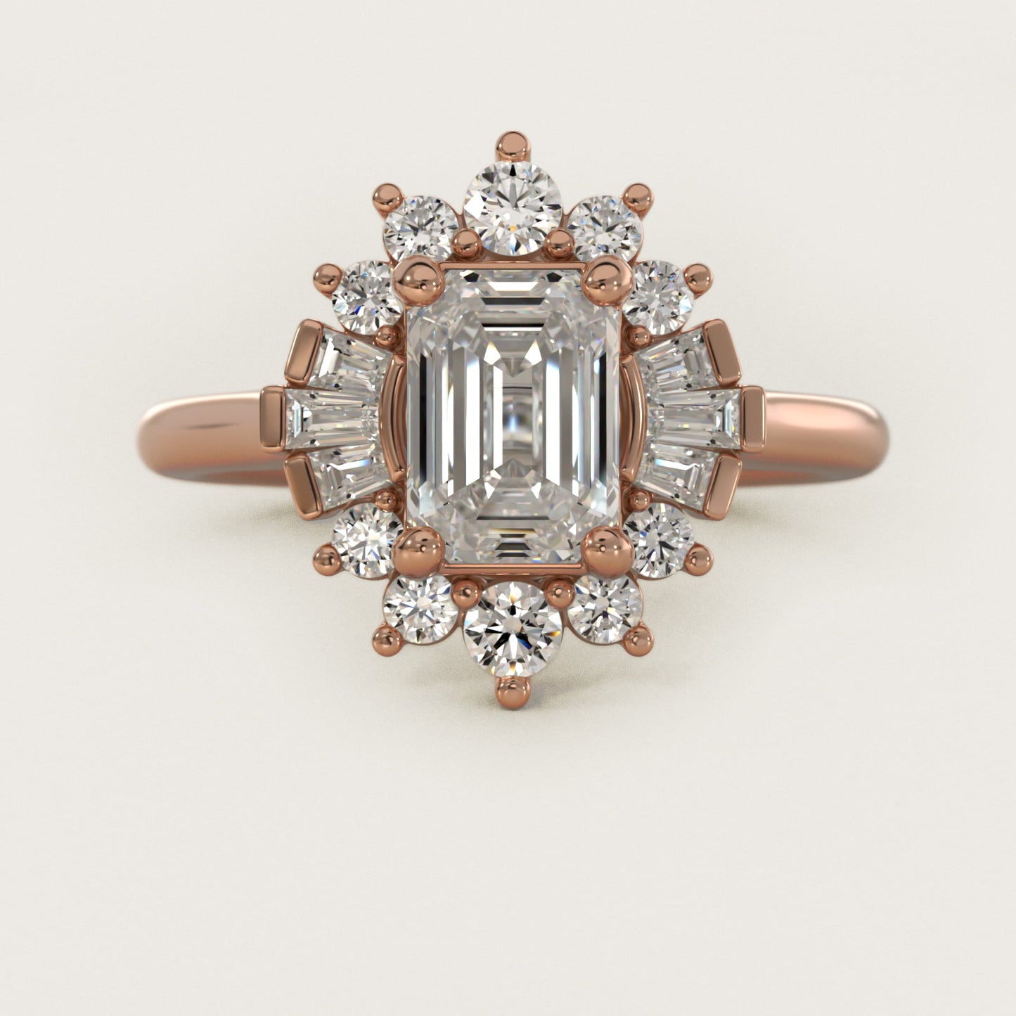 Baguette and Round Ballerina Halo Diamond Engagement Ring in 14k Rose Gold - Emerald Center