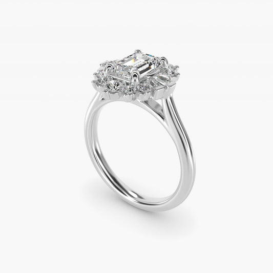 Baguette and Round Ballerina Halo Diamond Engagement Ring in 14k White Gold (1ct. tw.) - Emerald Center