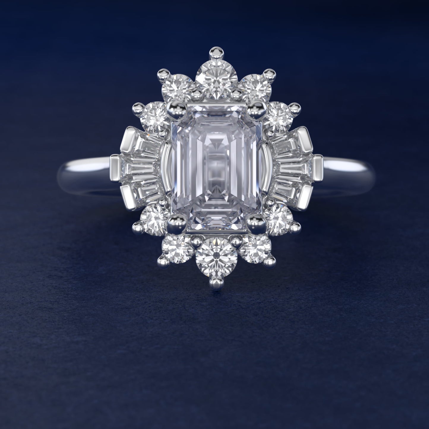 Baguette and Round Ballerina Halo Diamond Engagement Ring in 14k White Gold (1ct. tw.) - Emerald Center