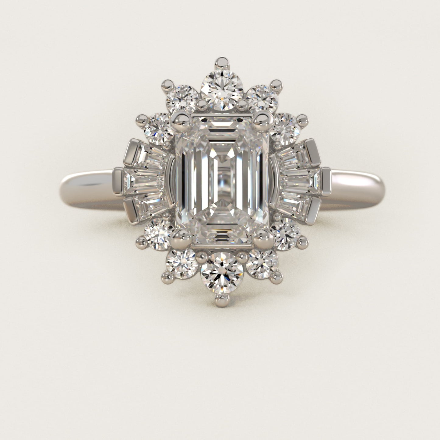 Baguette and Round Ballerina Halo Diamond Engagement Ring in 14k White Gold (1ct. tw.) - Emerald Center