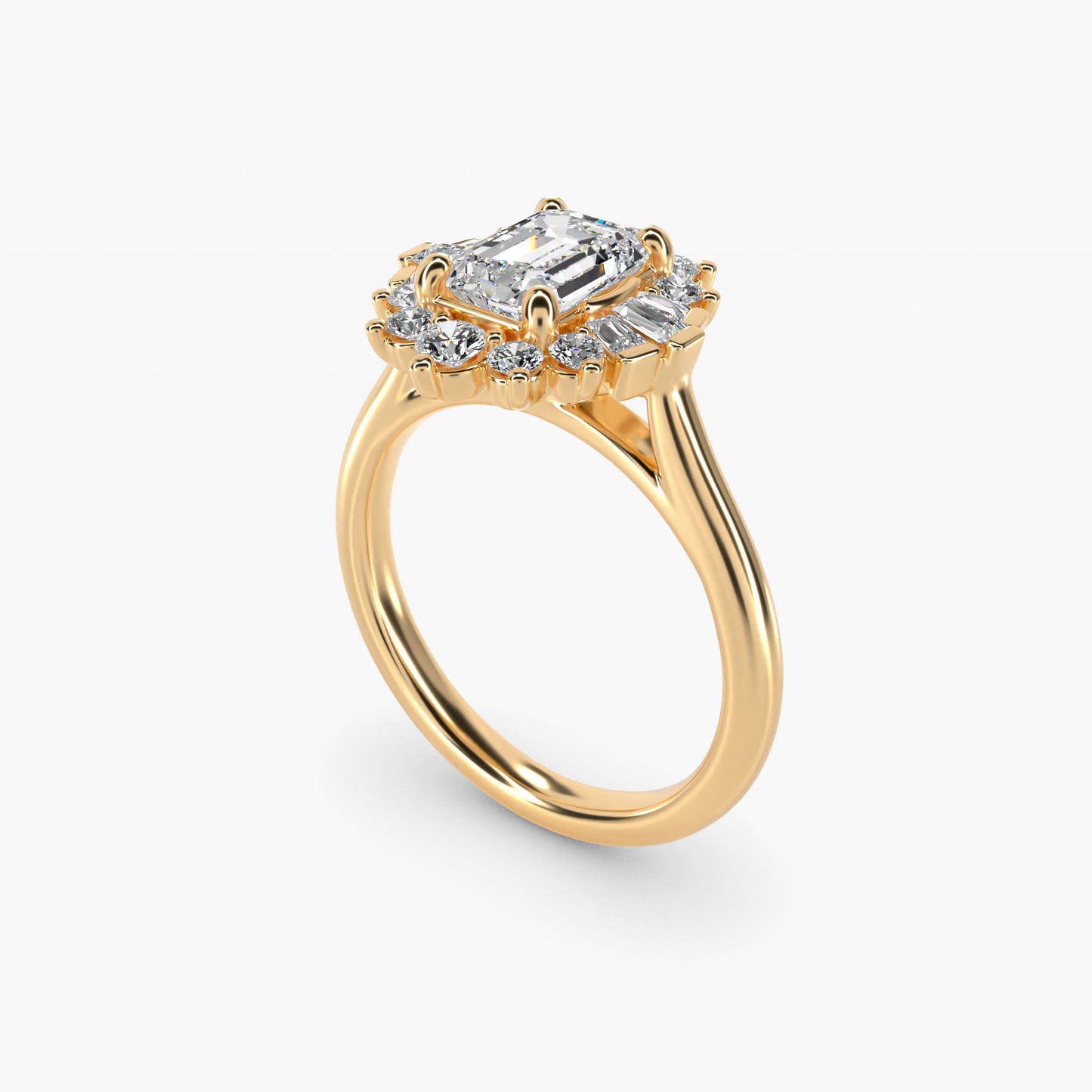 Baguette and Round Ballerina Halo Diamond Engagement Ring in 18k Yellow Gold - Emerald Center