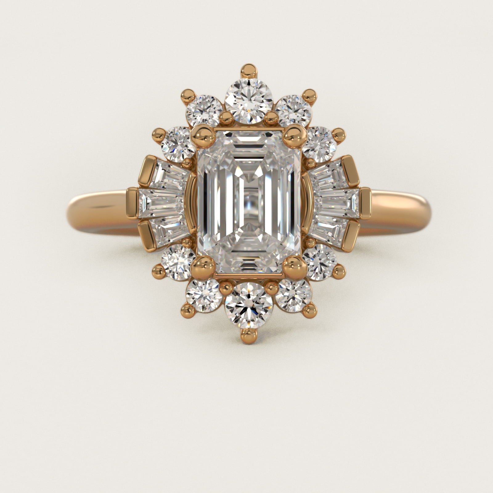 Baguette and Round Ballerina Halo Diamond Engagement Ring in 14k Yellow Gold - Emerald Center