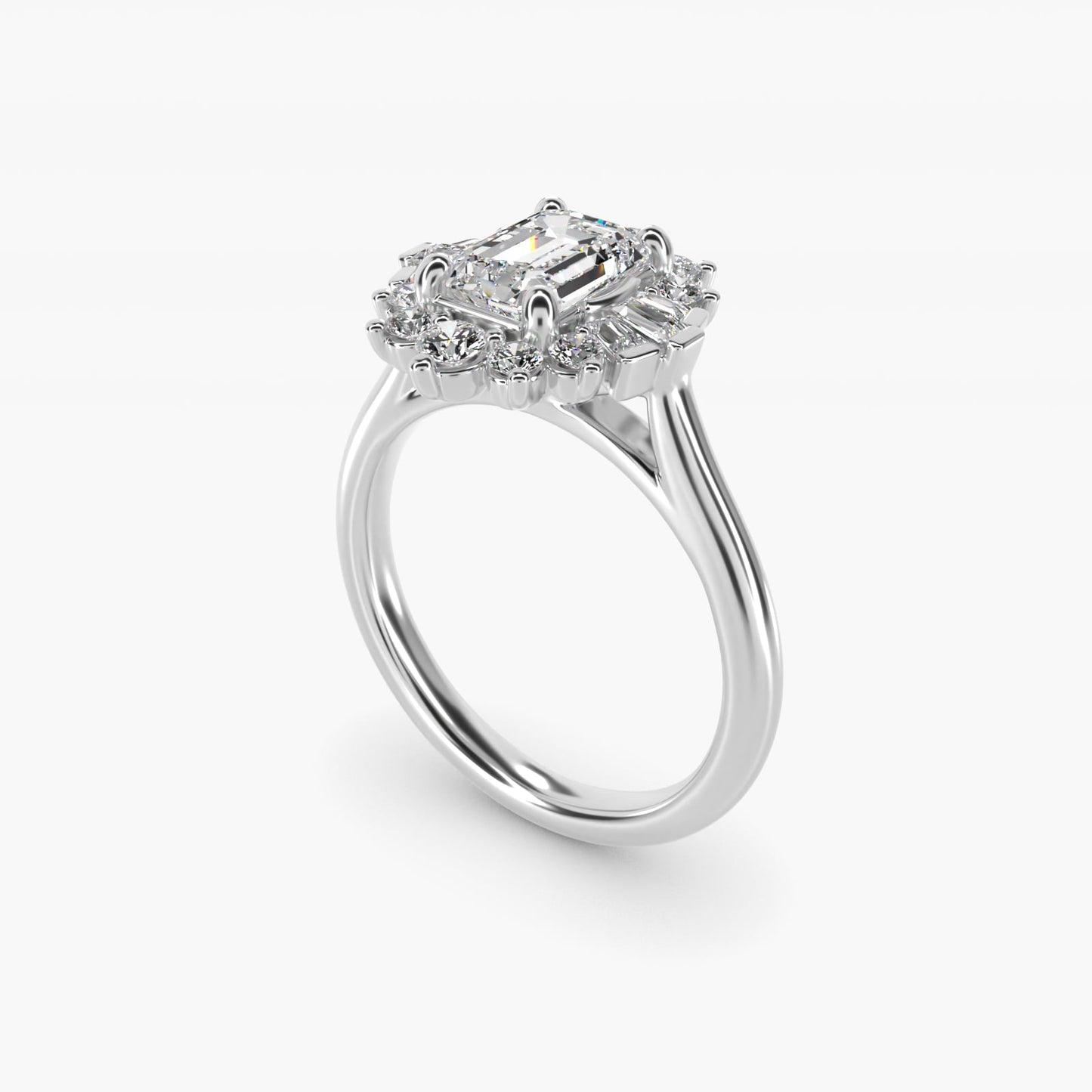 Baguette and Round Ballerina Halo Diamond Engagement Ring in Platinum - Emerald Center