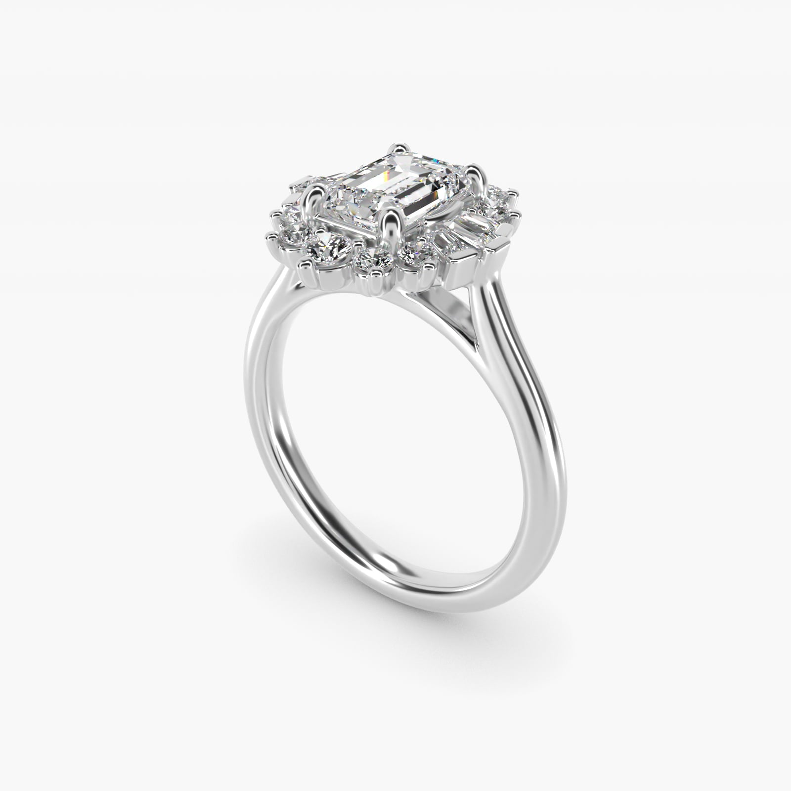 Baguette and Round Ballerina Halo Diamond Engagement Ring in Platinum - Emerald Center