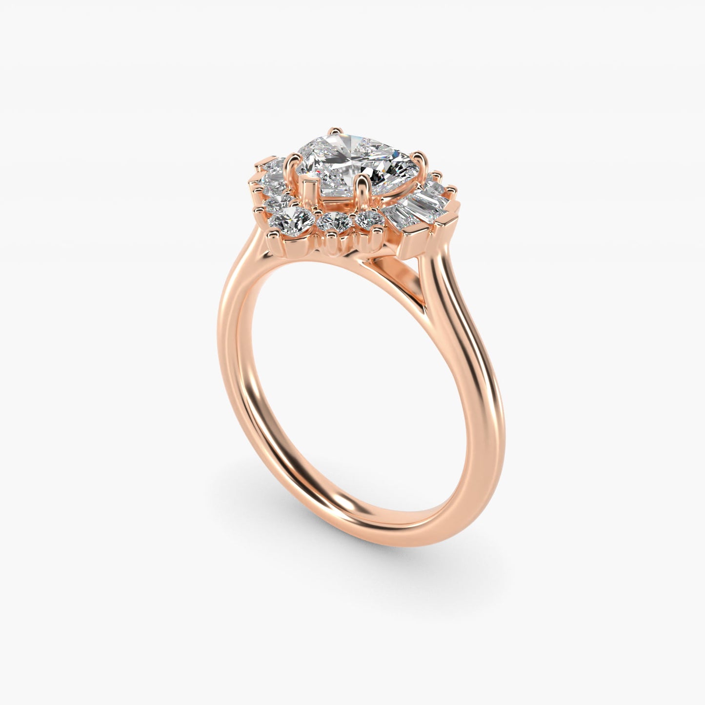 Baguette and Round Ballerina Halo Diamond Engagement Ring in 18k Rose Gold - Heart Center