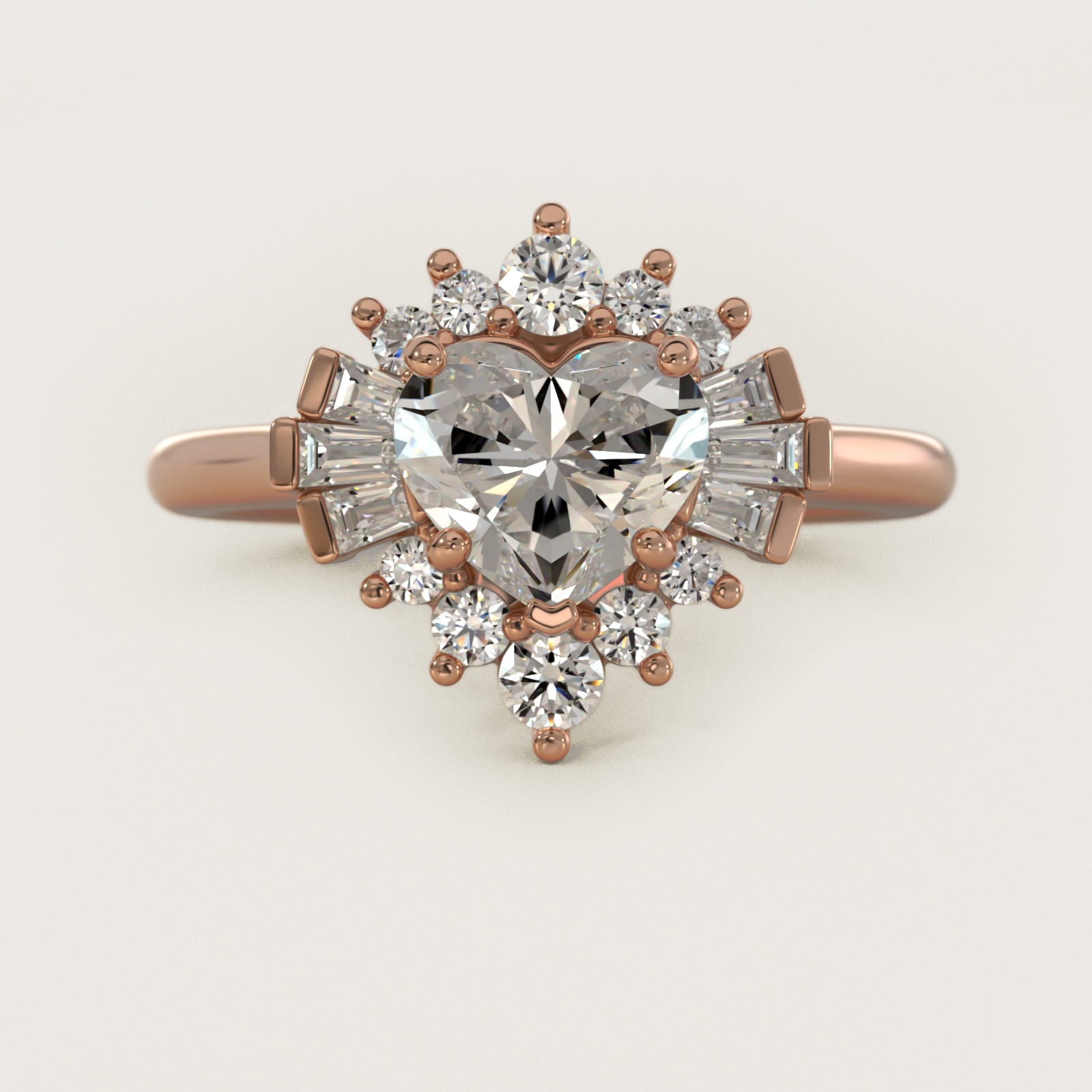Baguette and Round Ballerina Halo Diamond Engagement Ring in 14k Rose Gold - Heart Center