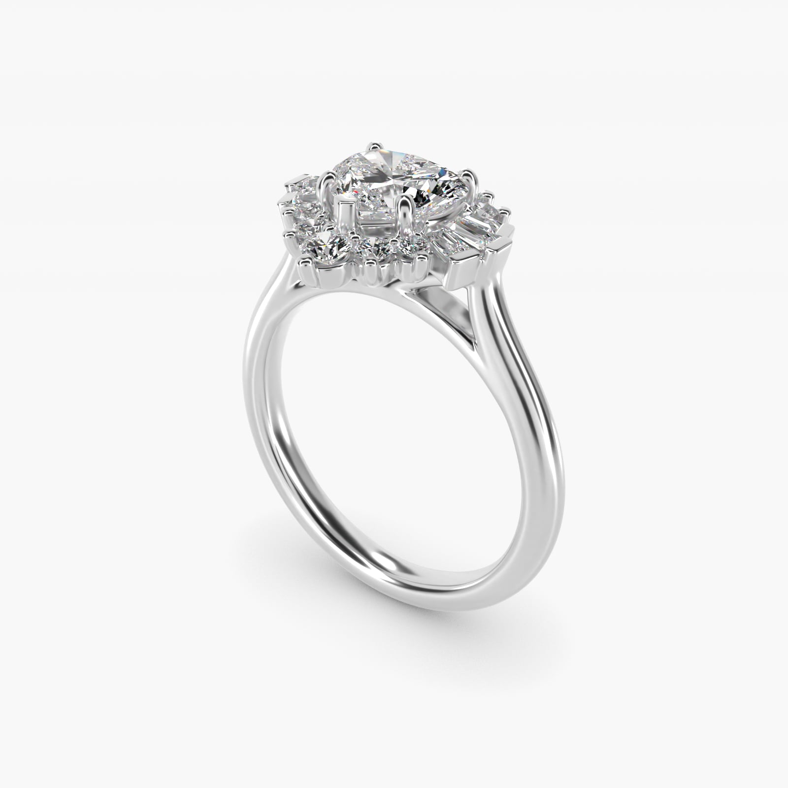 Baguette and Round Ballerina Halo Diamond Engagement Ring in 14k White Gold (1ct. tw.) - Heart Center