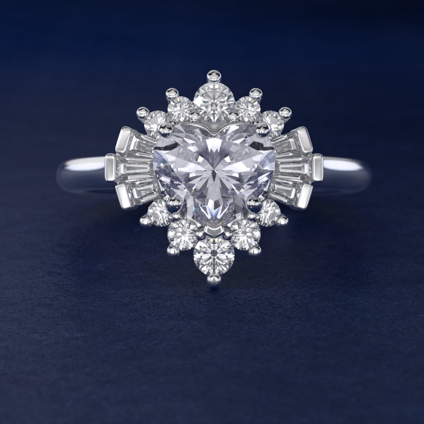 Baguette and Round Ballerina Halo Diamond Engagement Ring in 14k White Gold (1ct. tw.) - Heart Center