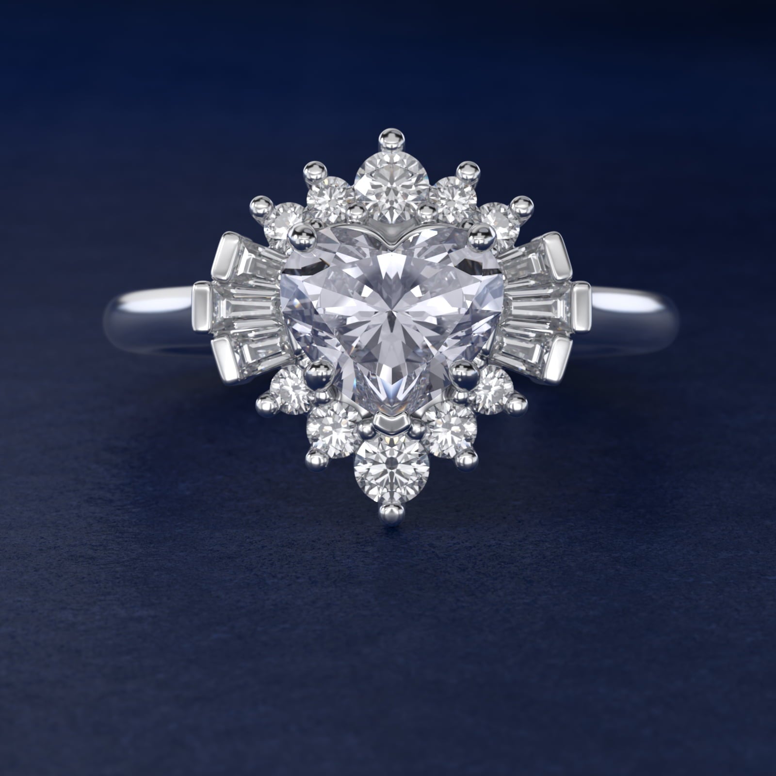 Baguette and Round Ballerina Halo Diamond Engagement Ring in 18k White Gold (1ct. tw.) - Heart Center