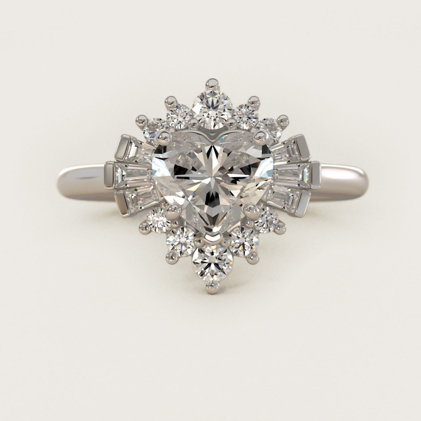 Baguette and Round Ballerina Halo Diamond Engagement Ring in 18k White Gold (1ct. tw.) - Heart Center
