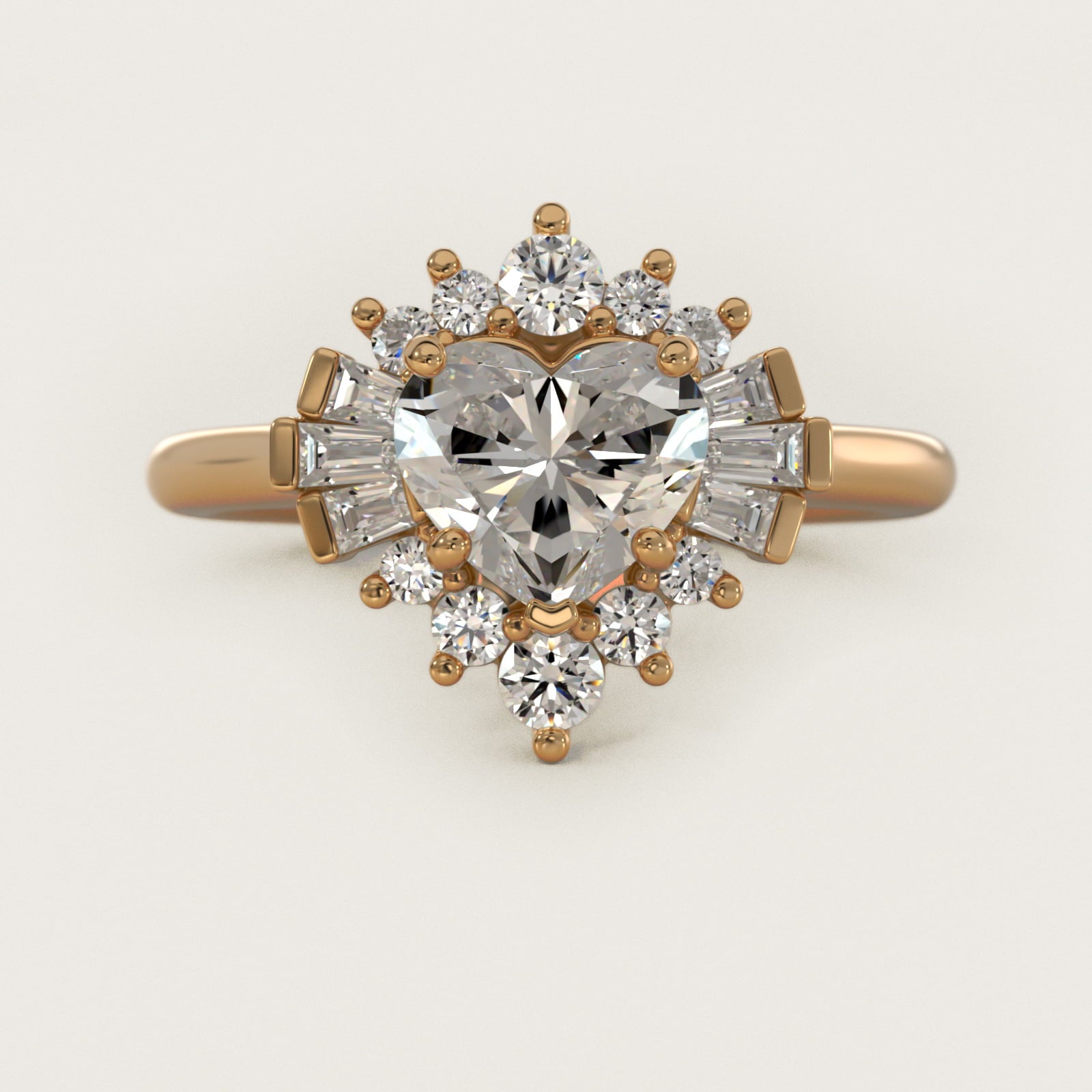 Baguette and Round Ballerina Halo Diamond Engagement Ring in 14k Yellow Gold - Heart Center