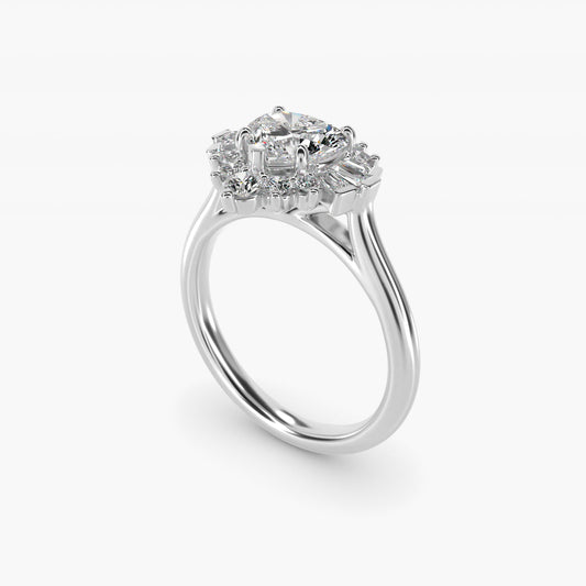 Baguette and Round Ballerina Halo Diamond Engagement Ring in Platinum - Heart Center