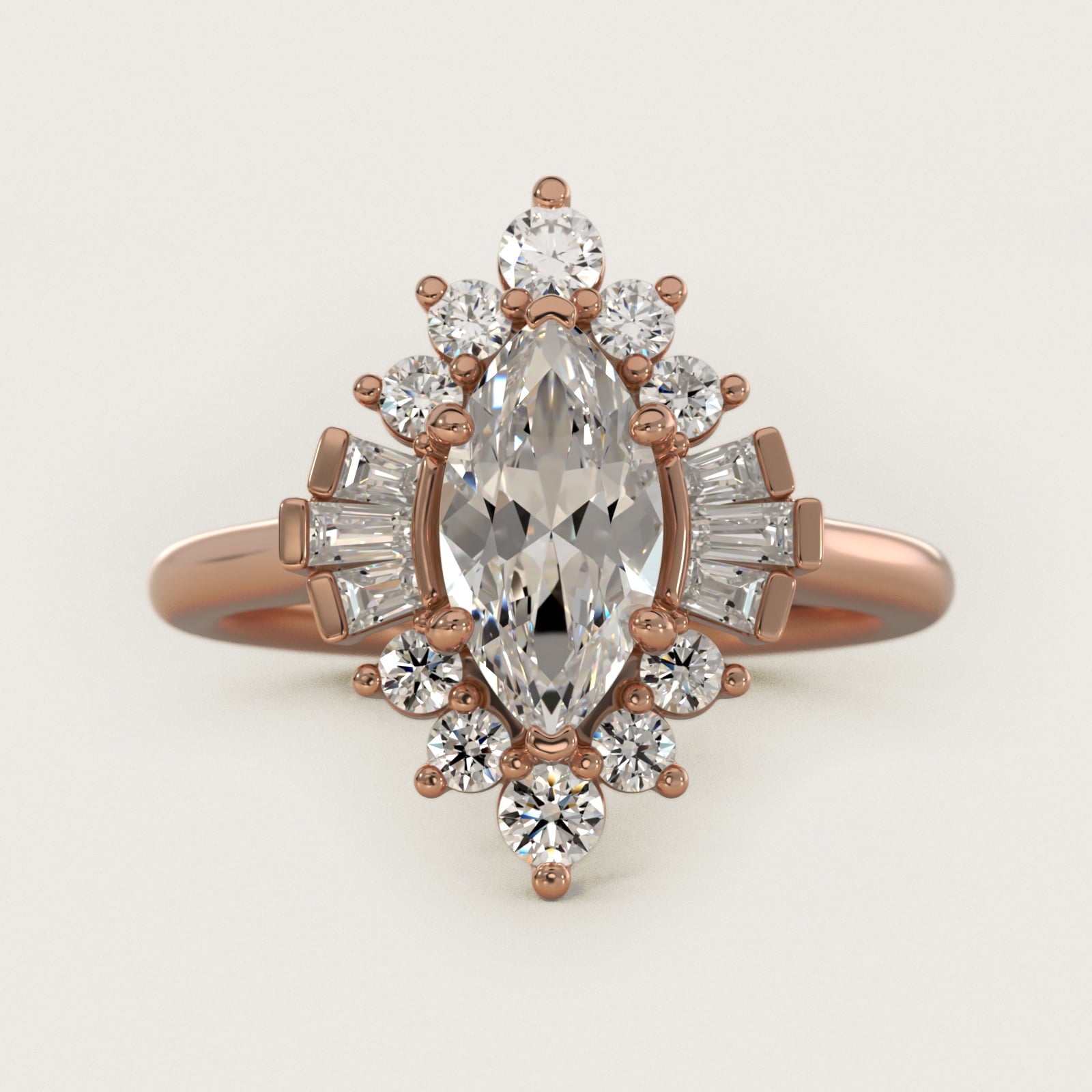 Baguette and Round Ballerina Halo Diamond Engagement Ring in 18k Rose Gold - Marquise Center