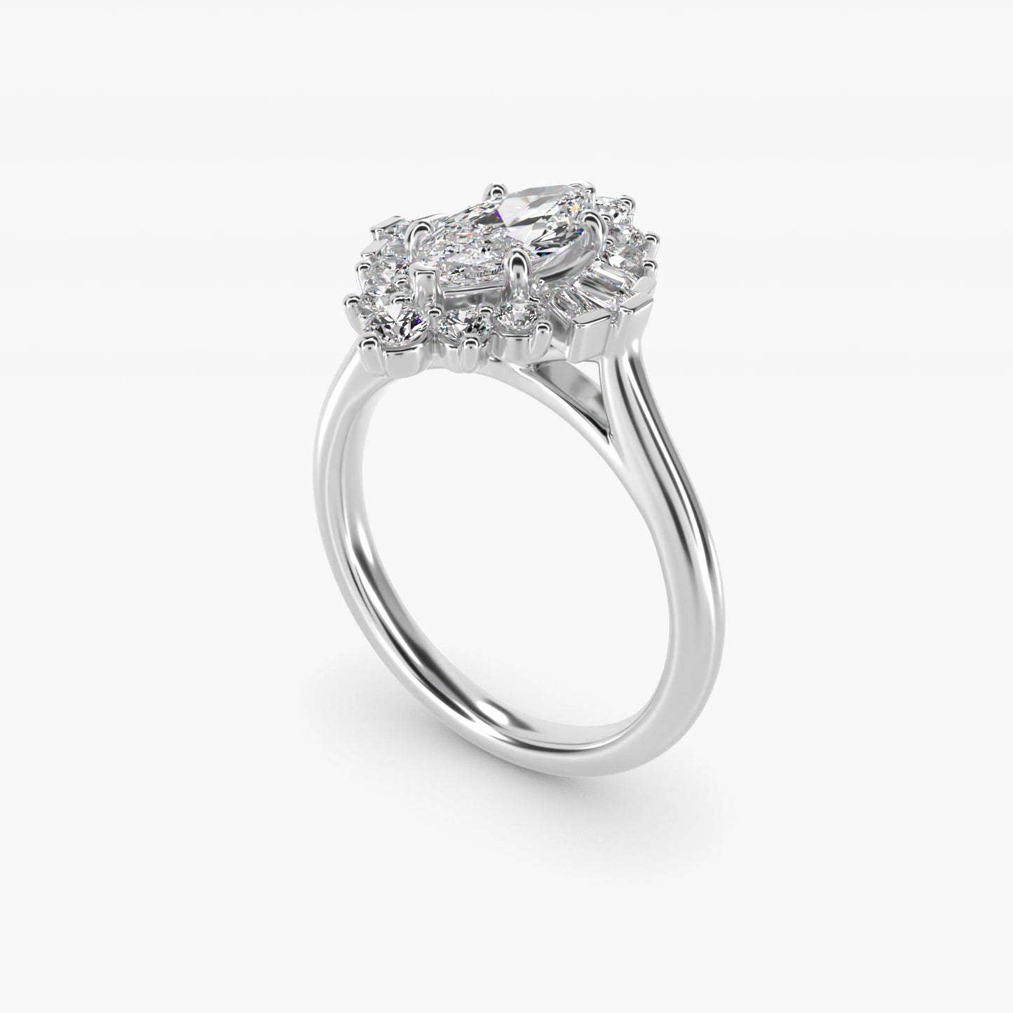 Baguette and Round Ballerina Halo Diamond Engagement Ring in 14k White Gold (1ct. tw.) - Marquise Center