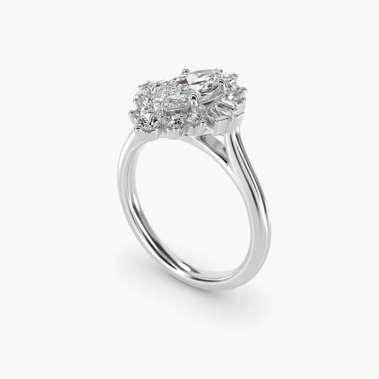 Baguette and Round Ballerina Halo Diamond Engagement Ring in 18k White Gold (1ct. tw.) - Marquise Center