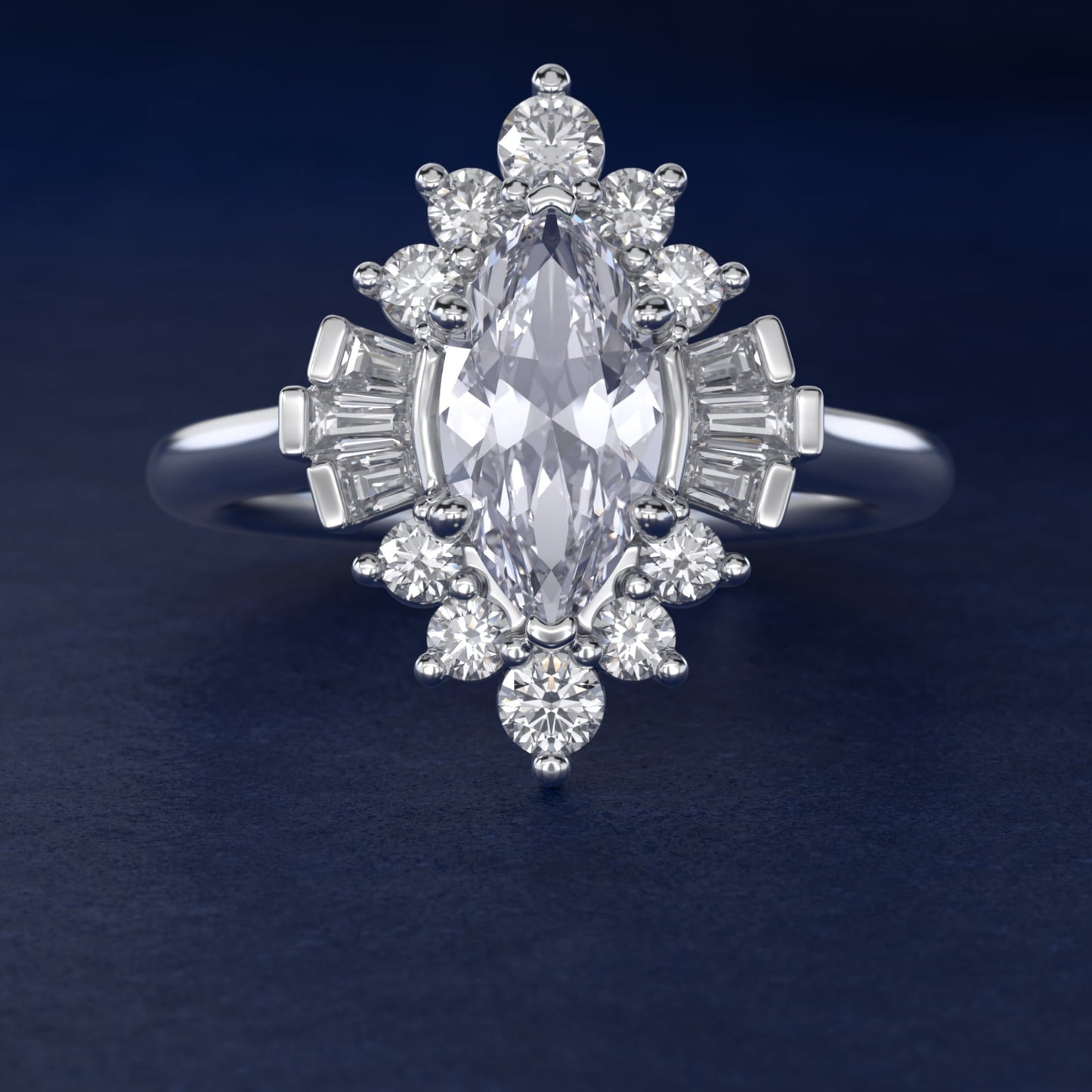Baguette and Round Ballerina Halo Diamond Engagement Ring in 14k White Gold (1ct. tw.) - Marquise Center