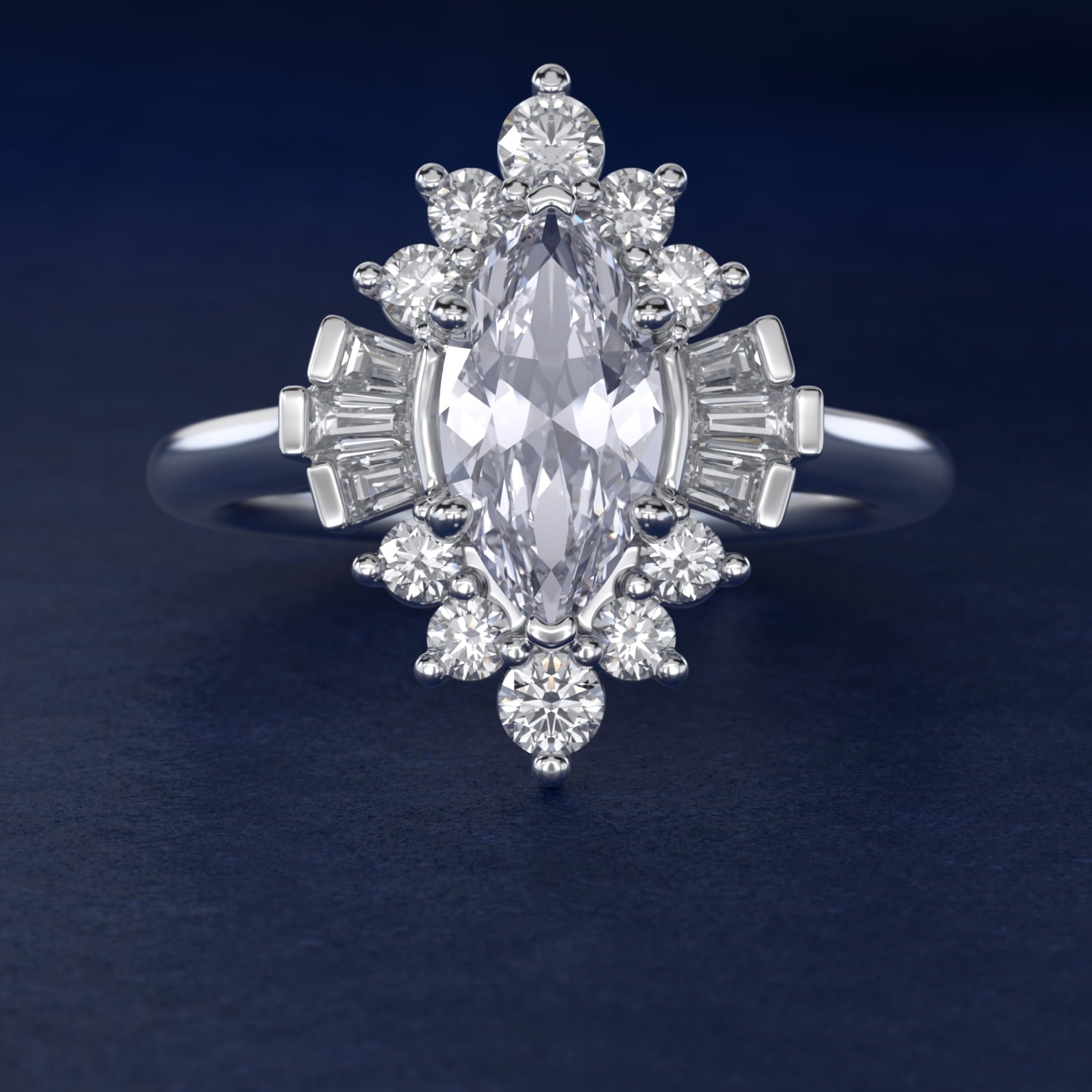 Baguette and Round Ballerina Halo Diamond Engagement Ring in 18k White Gold (1ct. tw.) - Marquise Center