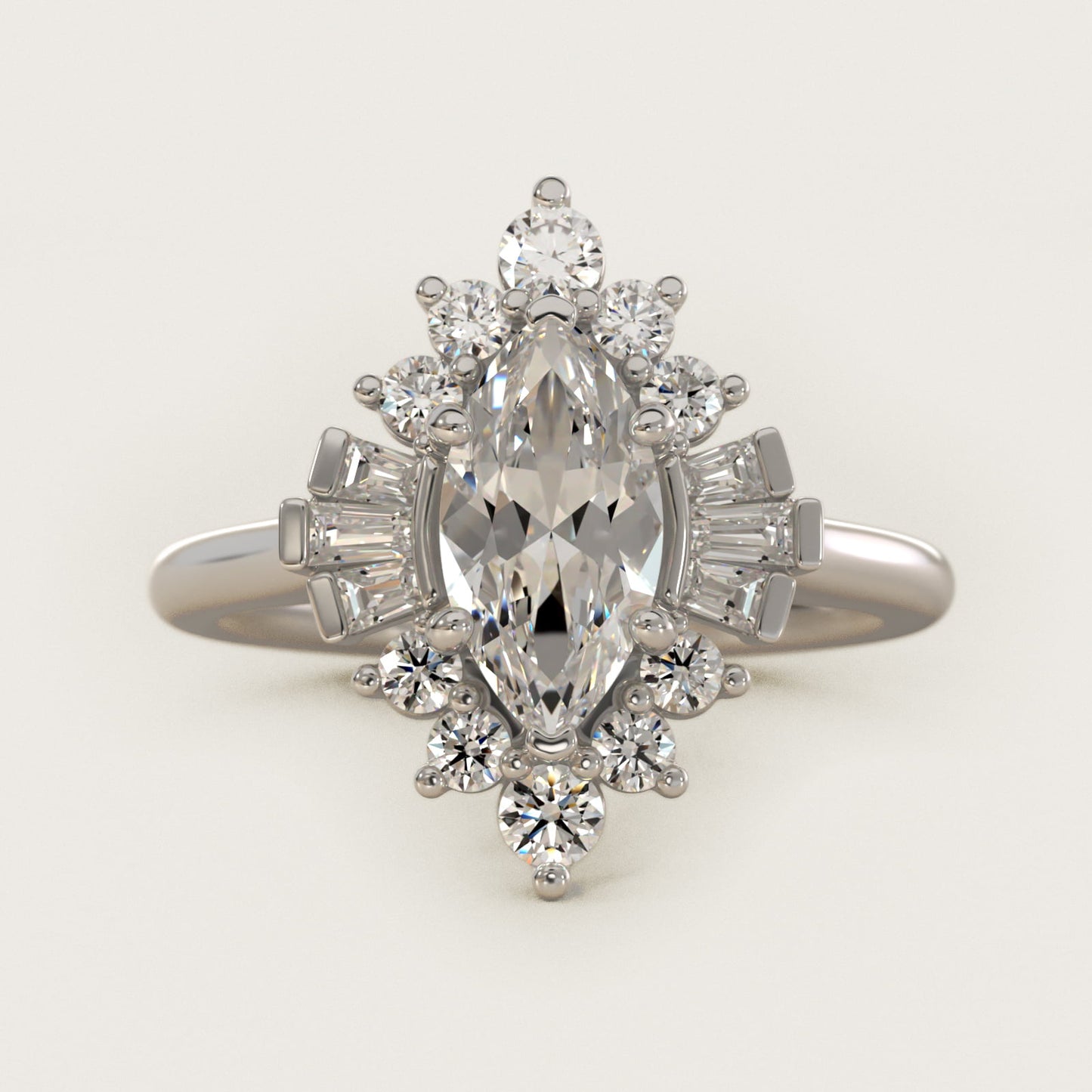 Baguette and Round Ballerina Halo Diamond Engagement Ring in 14k White Gold (1ct. tw.) - Marquise Center