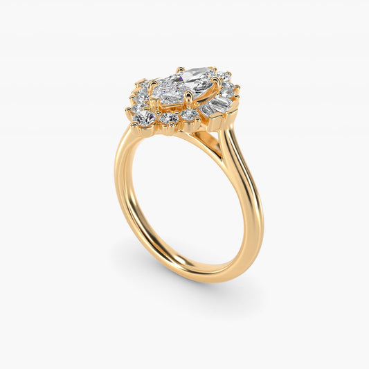 Baguette and Round Ballerina Halo Diamond Engagement Ring in 14k Yellow Gold - Marquise Center