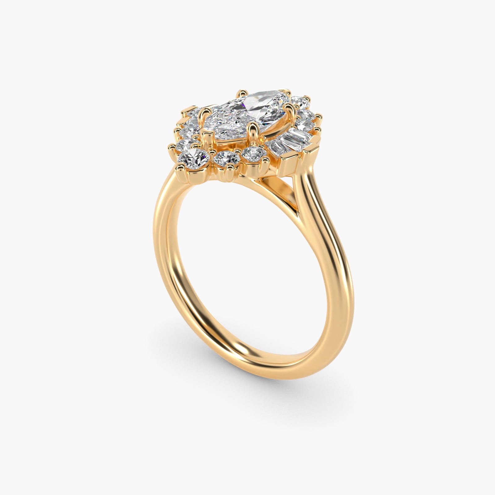 Baguette and Round Ballerina Halo Diamond Engagement Ring in 18k Yellow Gold - Marquise Center